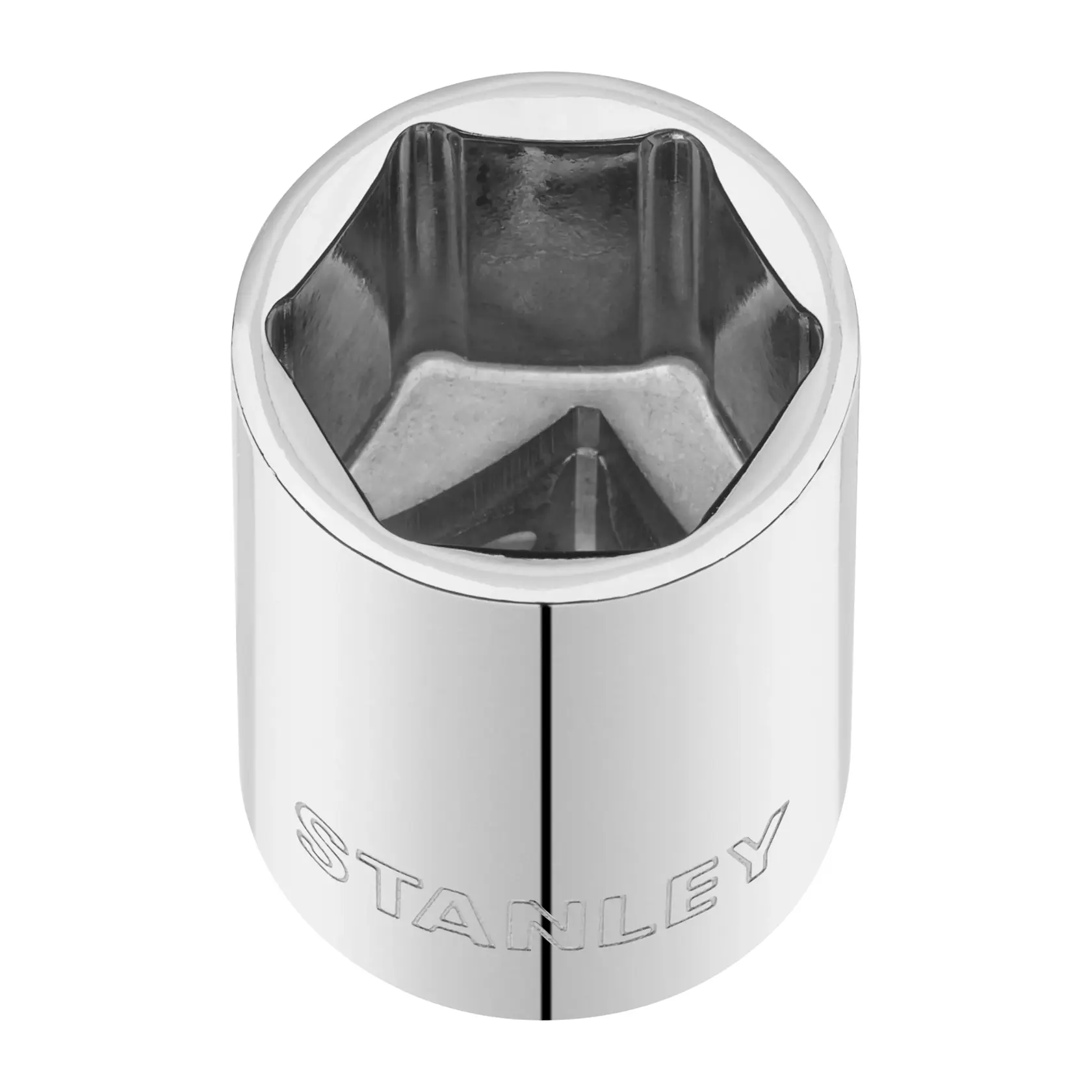 STANLEY STMT86521-0 Chrom-Stecknuss, Sechskant, Frontansicht, Werkzeugzubehör auf weißem Hintergrund.