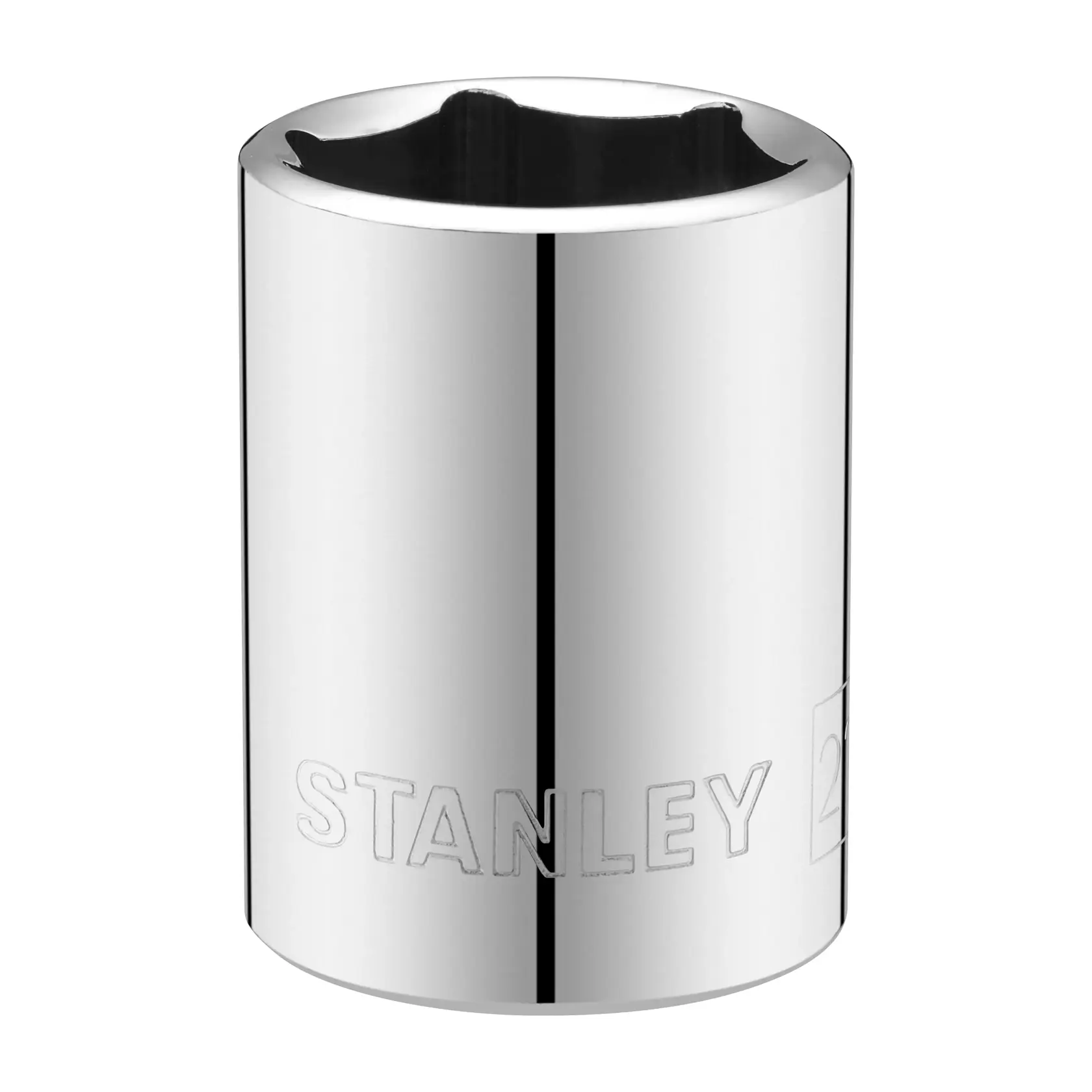 STANLEY STMT86522-0 Chrom-Steckschlüssel, Vorderansicht, zylindrisch mit eingraviertem Markennamen, Werkzeugzubehör.