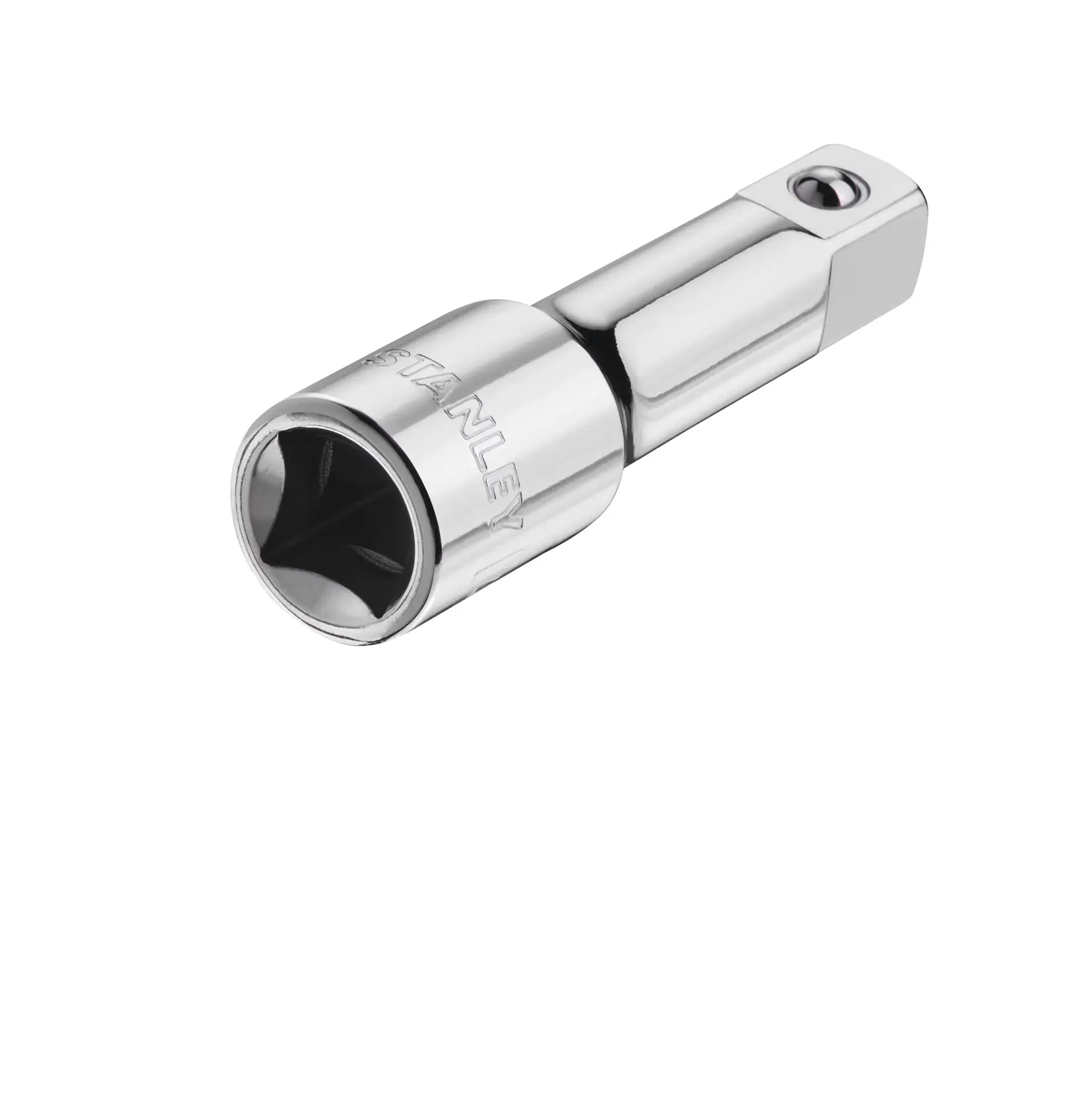 STANLEY STMT88930-0 Chrom-Steckschlüsseladapter, Seitenansicht, Fotografie auf weißem Hintergrund.