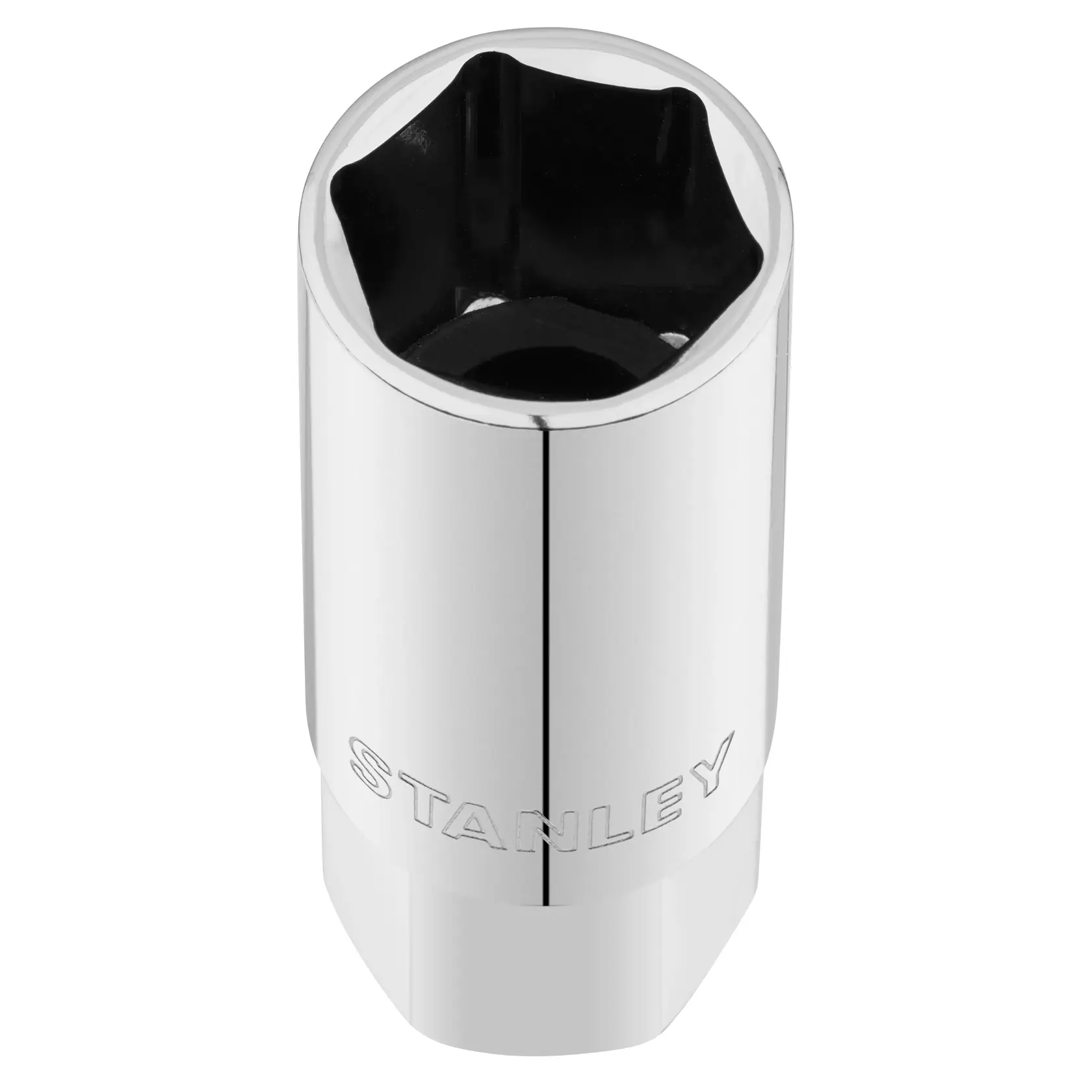 STANLEY STMT88994-0 Chrom-Stecknuss, Draufsicht, mit eingraviertem Markennamen, weißer Hintergrund.