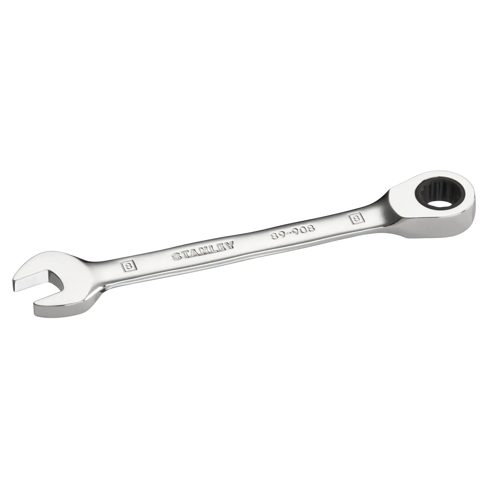 Foto des STANLEY STMT89908-0 Ratschen-Ringmaulschlüssels, Chrom-Finish, Seitenansicht auf weißem Hintergrund.