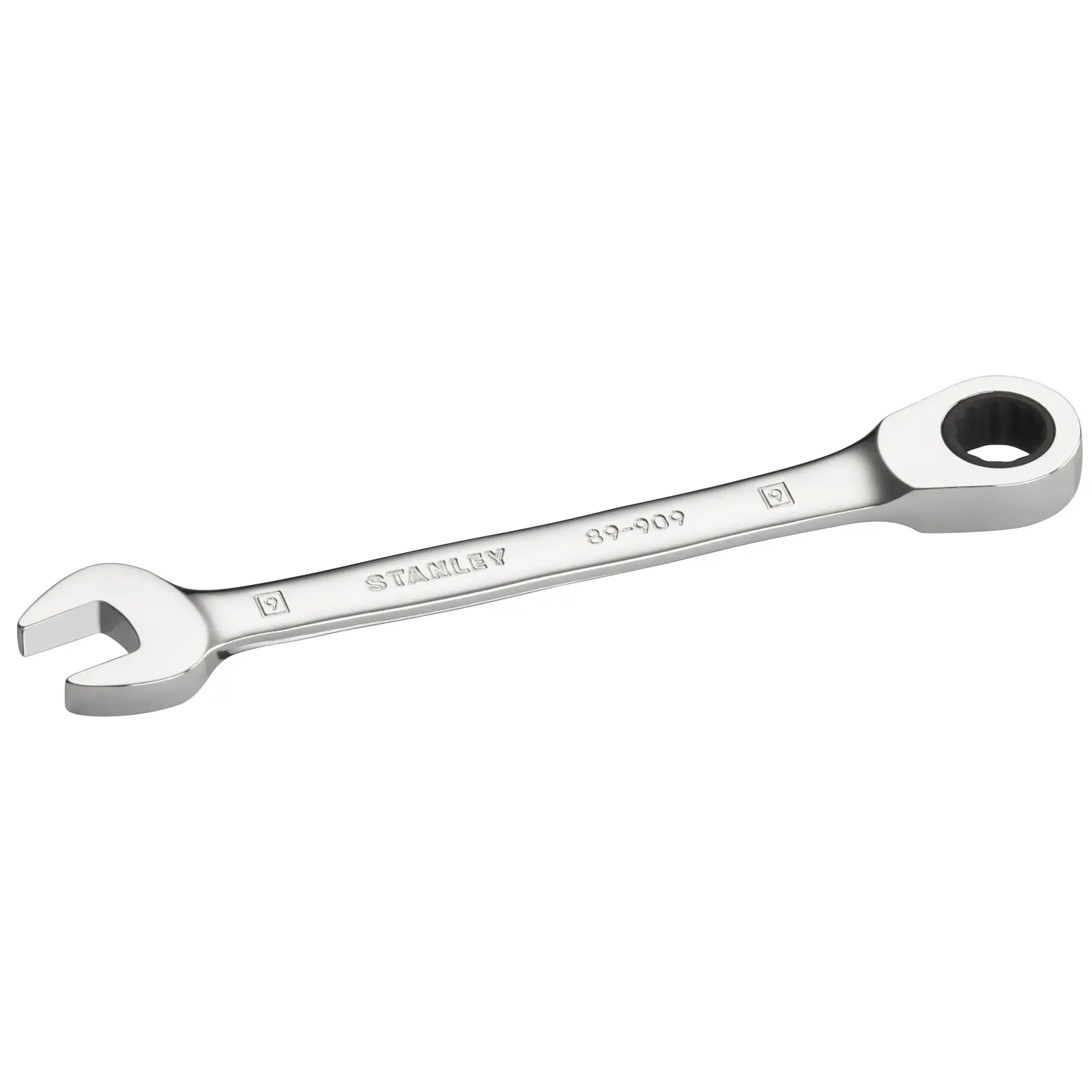 STANLEY STMT89909-0 Ratschen-Ringschlüssel, silber, Seitenansicht, für Mechaniker und Heimwerker.
