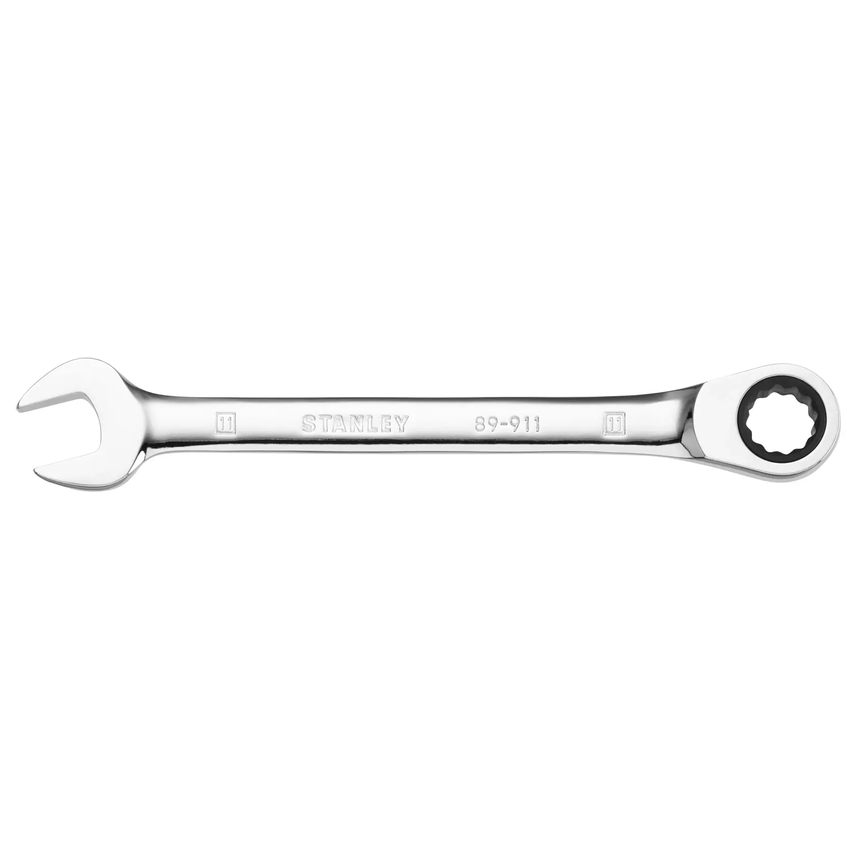 STANLEY STMT89911-0 verchromter Ringmaulschlüssel mit Ratsche, Seitenansicht auf weißem Hintergrund.