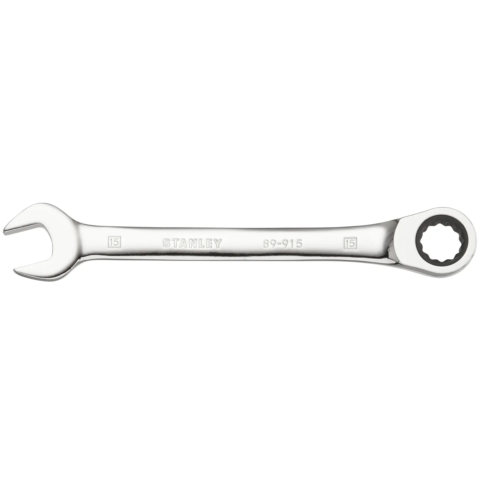 STANLEY STMT89915-0 Ringmaul-Ratschen-Schlüssel, Chrom, 15 mm, Seitenansicht auf weißem Hintergrund.