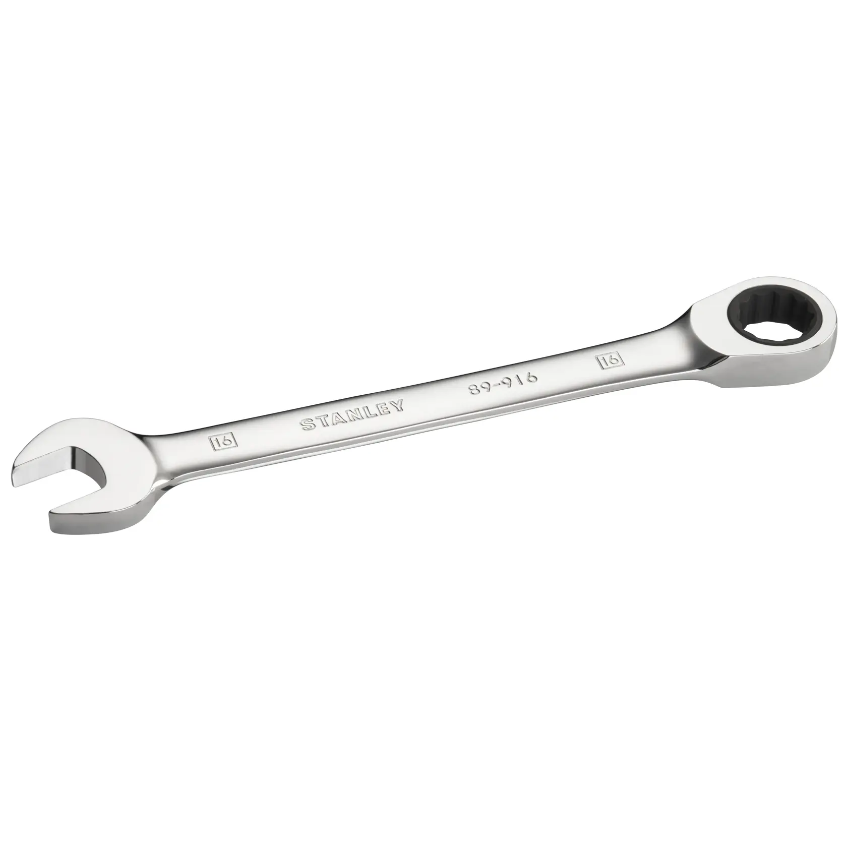 Foto des STANLEY STMT89916-0 Ring-Maulschlüssels, Chrom-Finish, mit offener und geschlossener Seite, auf weißem Hintergrund.