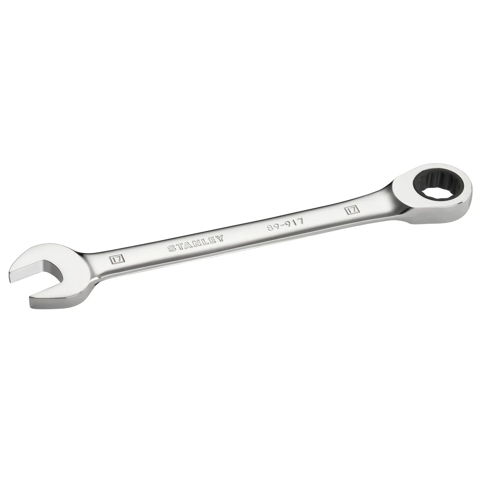 Foto des STANLEY STMT89917-0 Kombinationsschlüssels, Chrom-Finish, offene und Ringseite, vor weißem Hintergrund.
