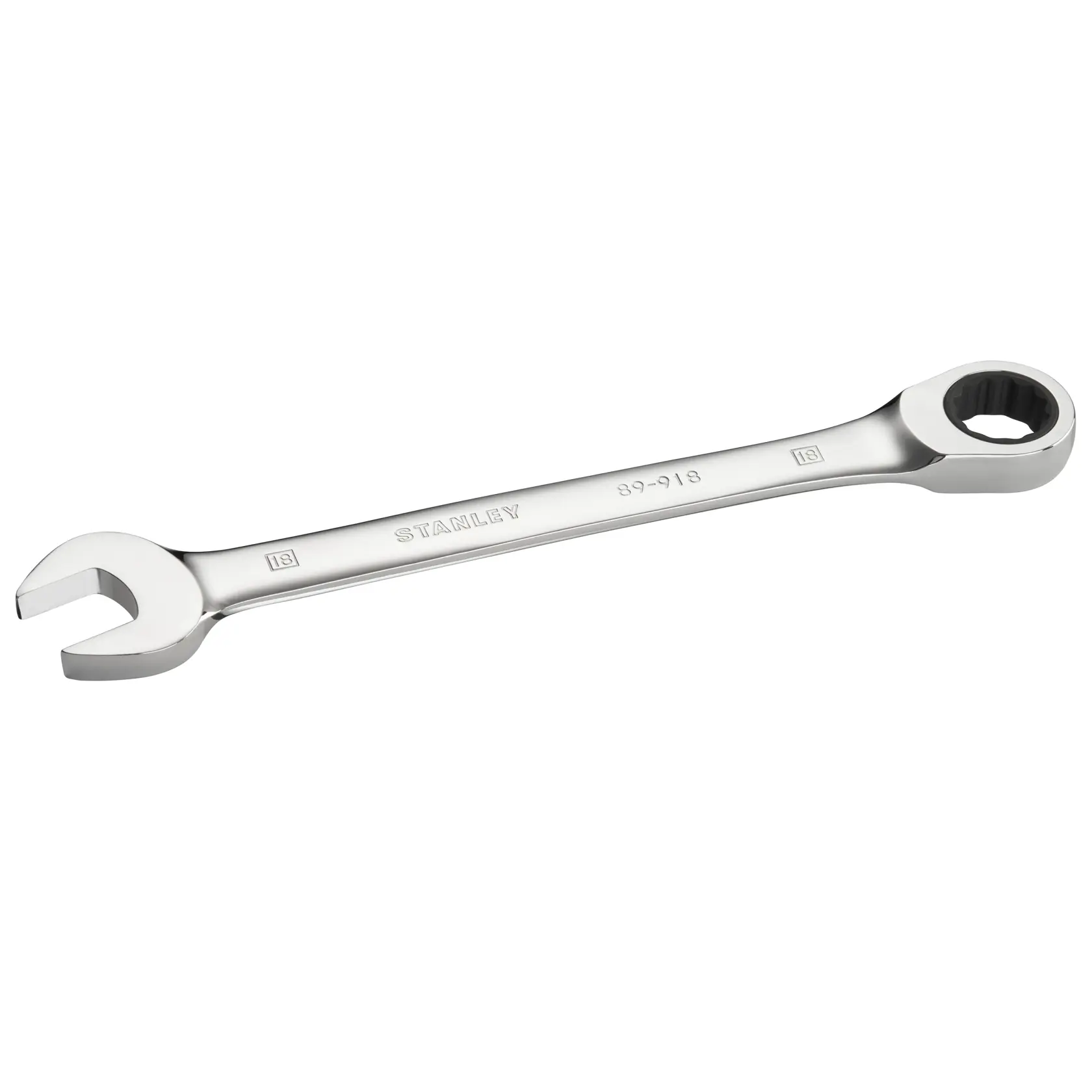 STANLEY STMT89918-0 silberner Kombischlüssel, Vorderansicht, offene und Ringseite auf weißem Hintergrund.