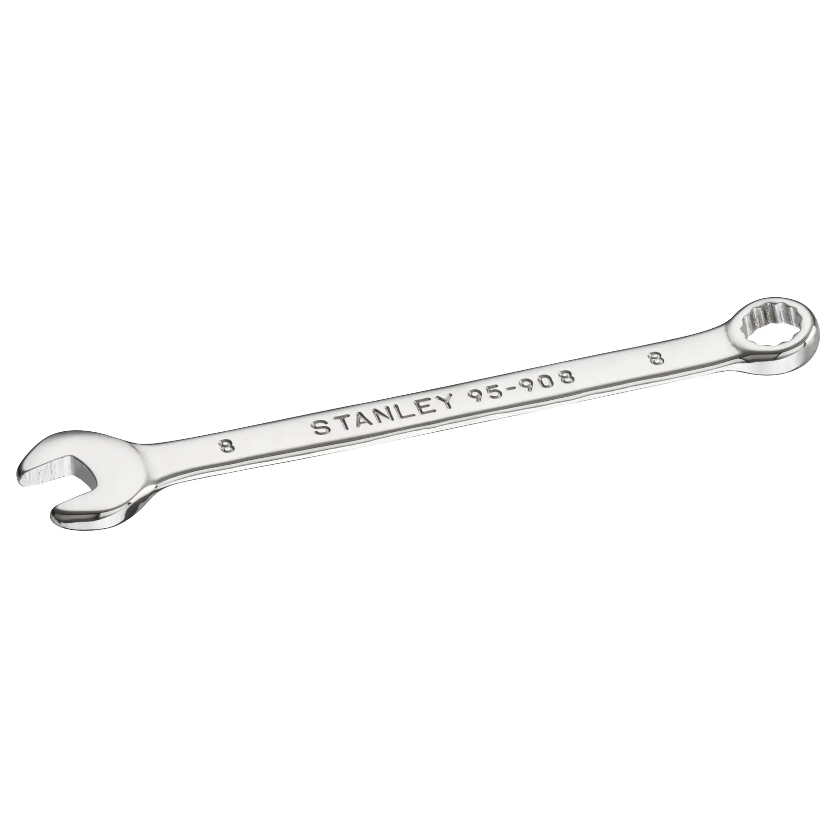 STANLEY STMT95908-0 Chrom-Kombinationsschlüssel 8mm, Fotografie, schräge Ansicht auf weißem Hintergrund.