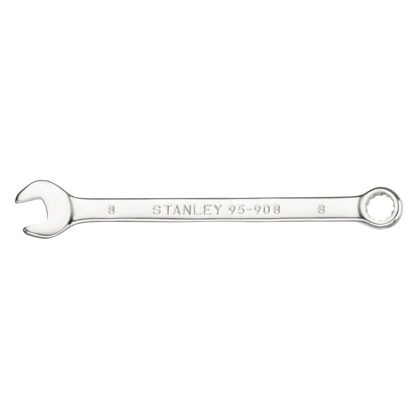 Foto des STANLEY STMT95908-0 Kombinationsschlüssels, silber, Vorderansicht, mit offener und Ringseite.