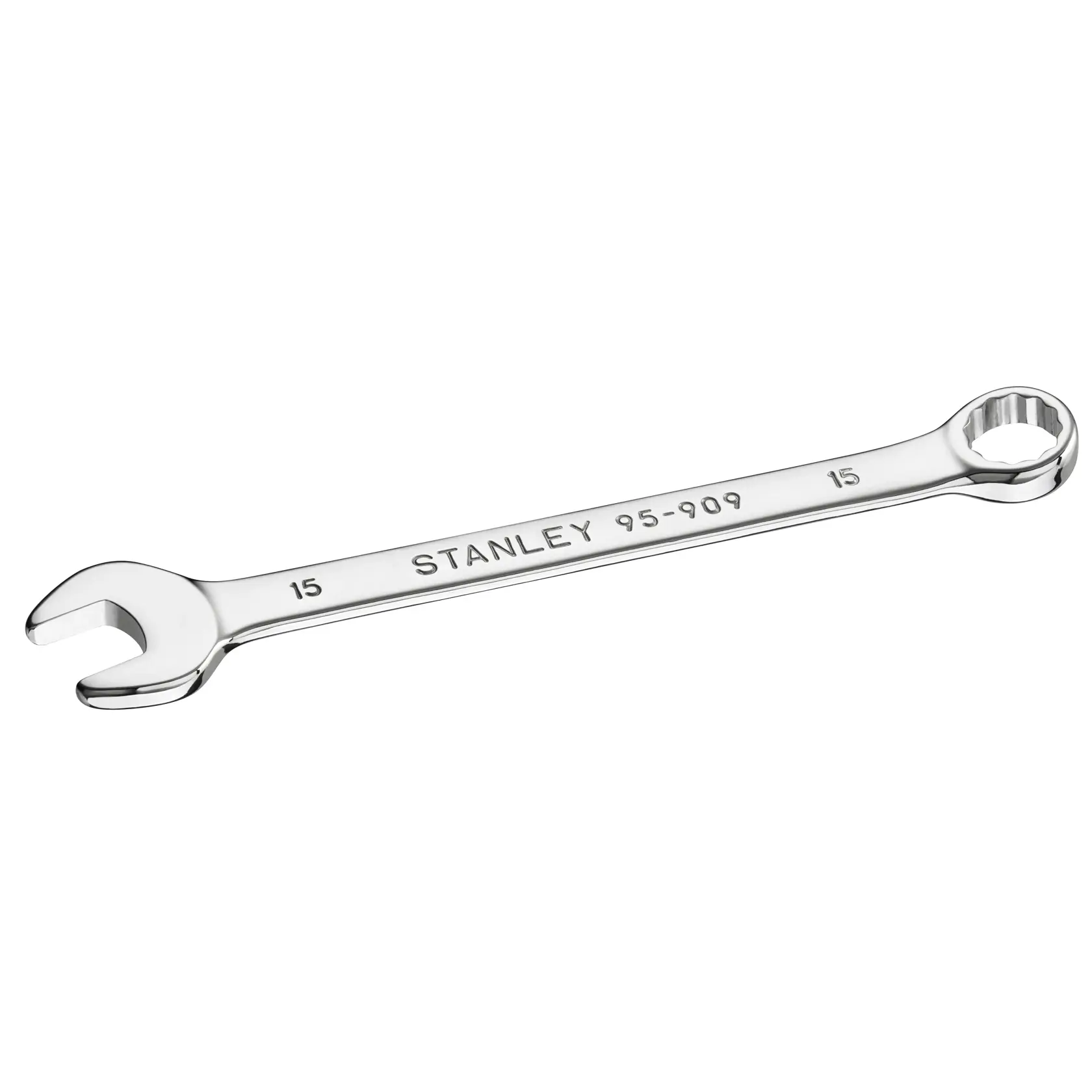 Stanley STMT95909-0 Chrom-Kombinationsschlüssel 15mm, weißer Hintergrund, schräge Ansicht