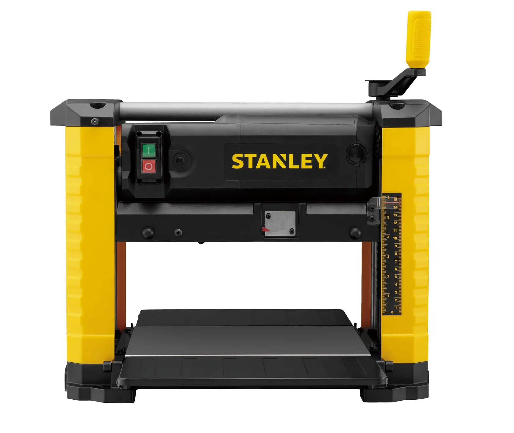 STANLEY Hobel Frontansicht, gelb-schwarz, SKUs STP18-B2, STP18-BR, STP18-AR, STP18-QS, STP18-B3, STP18.