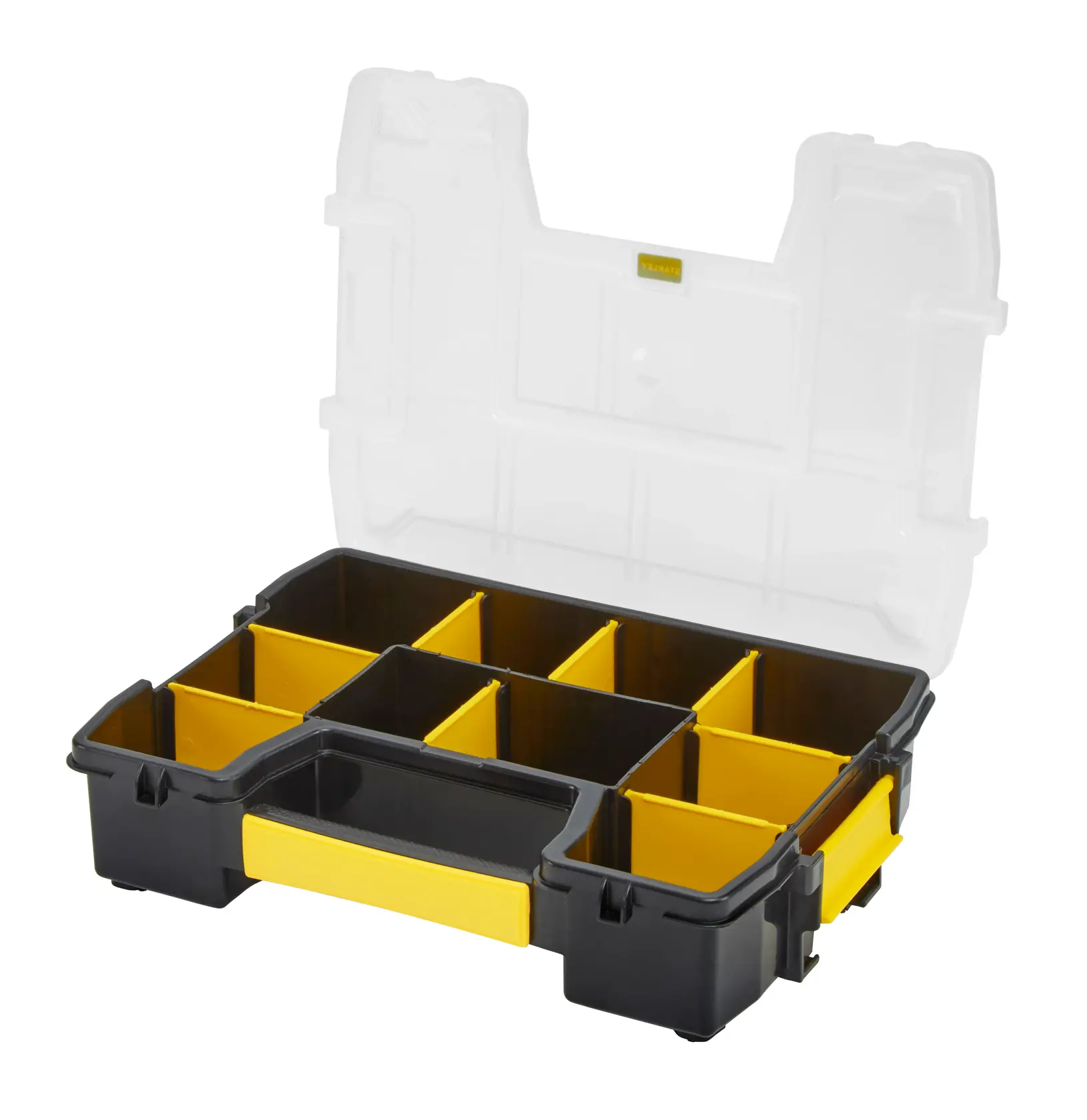 STANLEY STST1-70720 Organizer, Deckel offen, schwarze und gelbe Fachbox, Frontansicht, weißer Hintergrund.