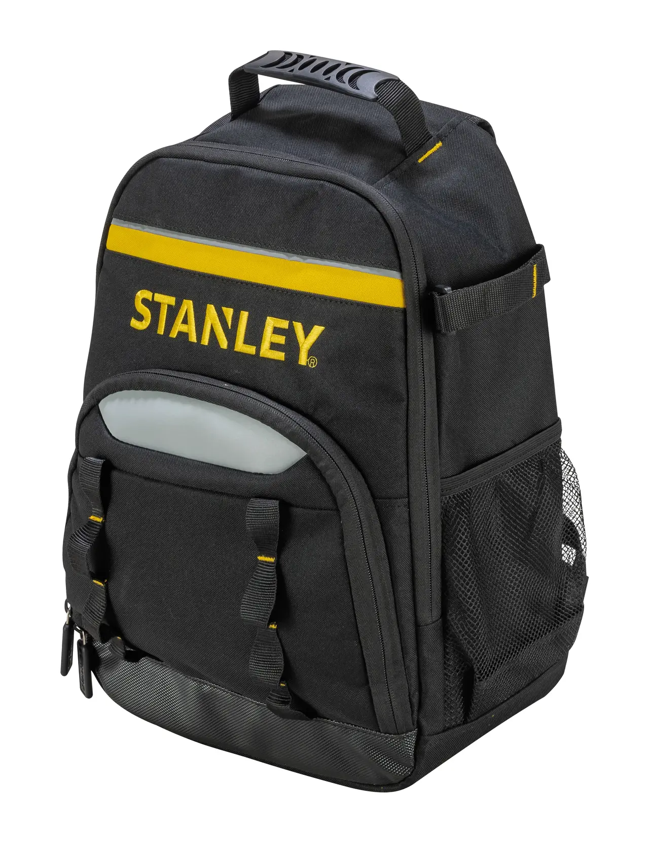 STANLEY STST1-72335 schwarzer Werkzeugrucksack mit gelben Akzenten, Mesh-Seitenfach, Vorderansicht, weißer Hintergrund.