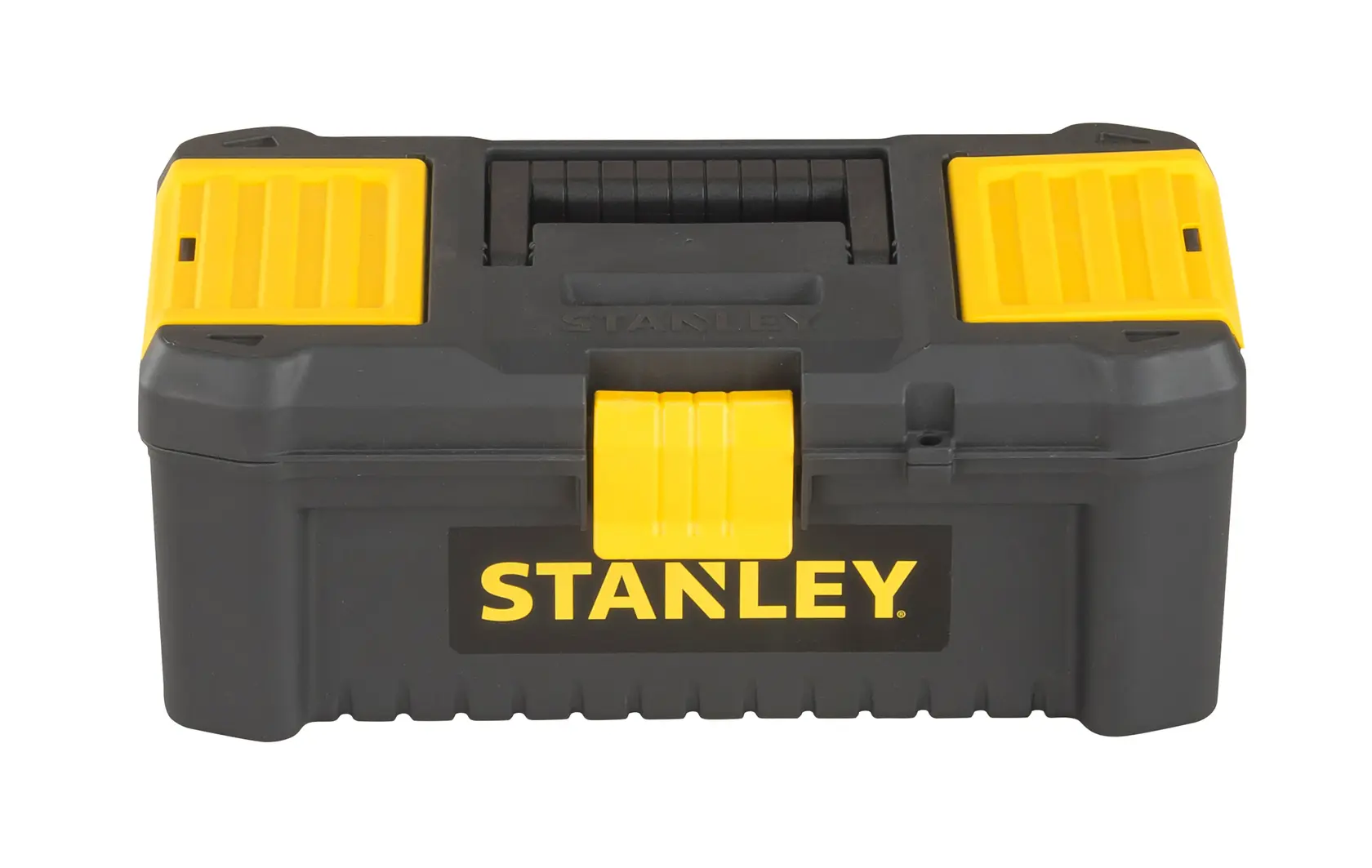 STANLEY STST1-75514 schwarze und gelbe Kunststoff-Werkzeugkiste, Frontansicht mit Griff und Riegel.