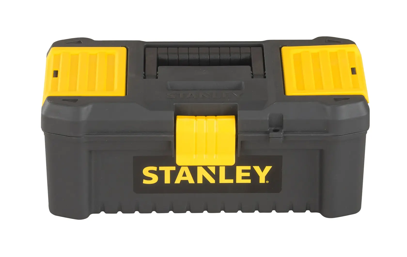 STANLEY STST1-75514 schwarze und gelbe Werkzeugbox, Vorderansicht, stabiler Kunststoff mit Griff.