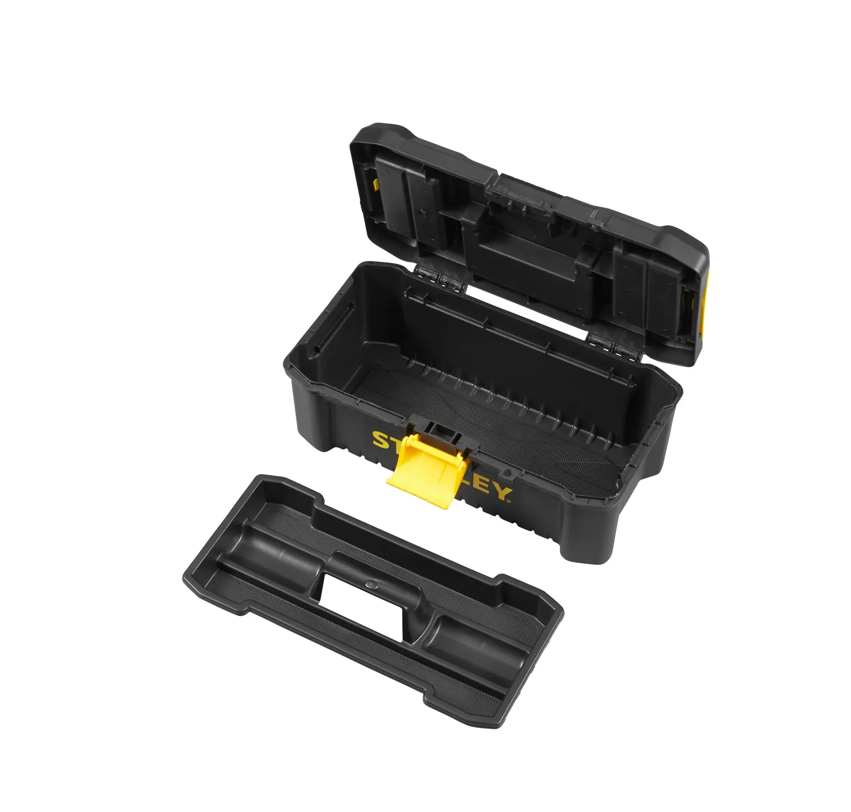 STANLEY STST1-75514 schwarze Werkzeugbox mit offenem Deckel und herausnehmbarer Ablage, von oben fotografiert.
