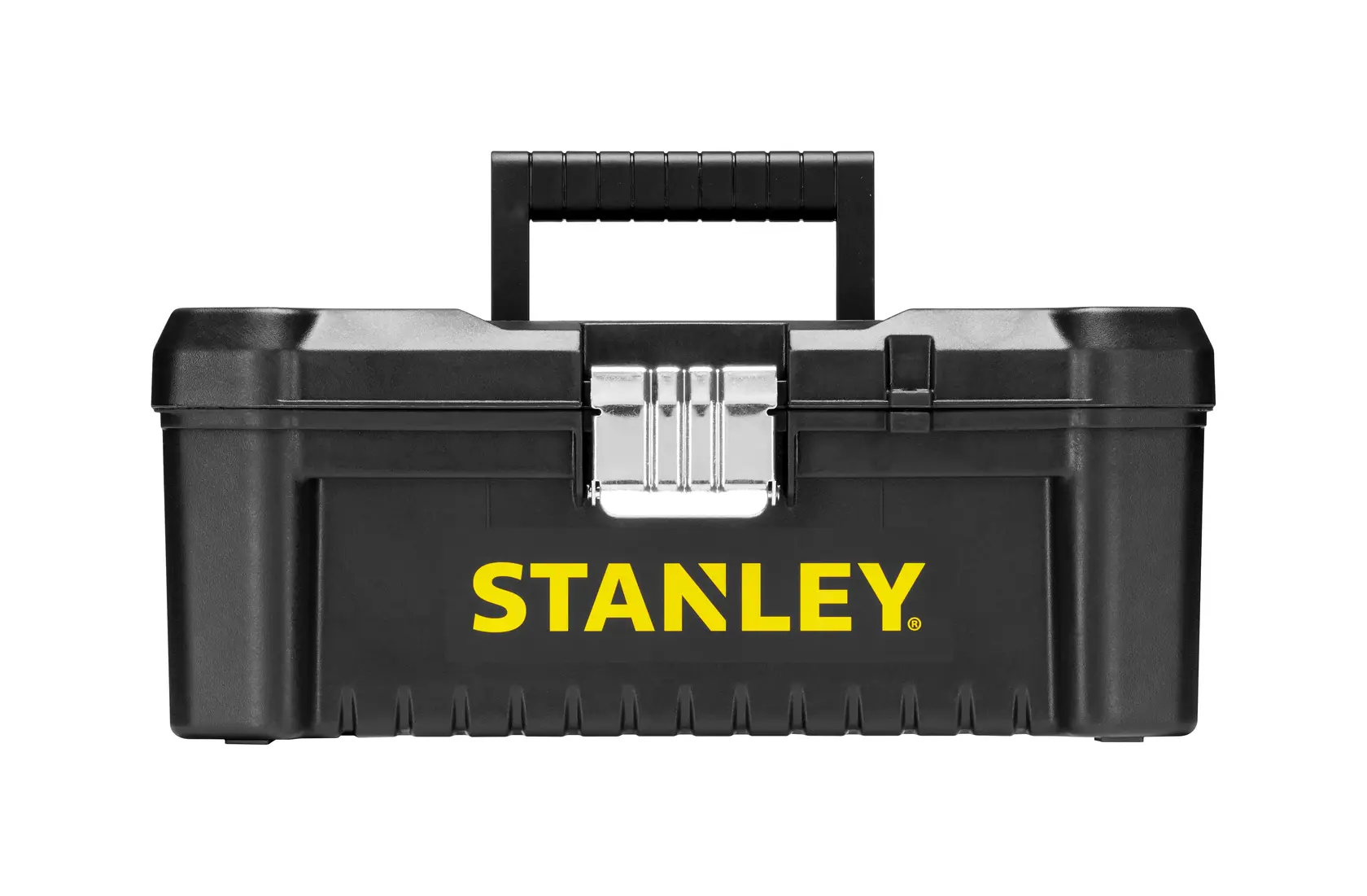 STANLEY STST1-75515, STST1-75515-KR schwarzer Werkzeugkasten Vorderansicht, gelbes Logo, Metallverschluss, Kunststoffgriff.