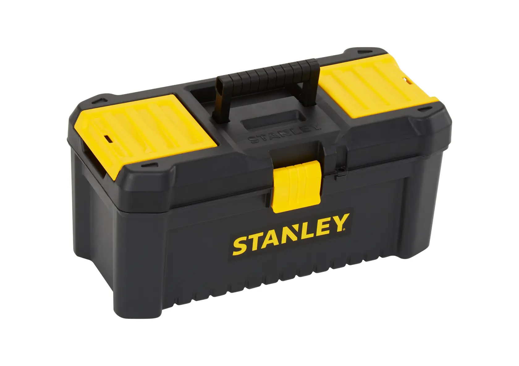 STANLEY STST1-75517 schwarze und gelbe Kunststoff-Werkzeugbox mit Griff, Frontansicht auf weißem Hintergrund.
