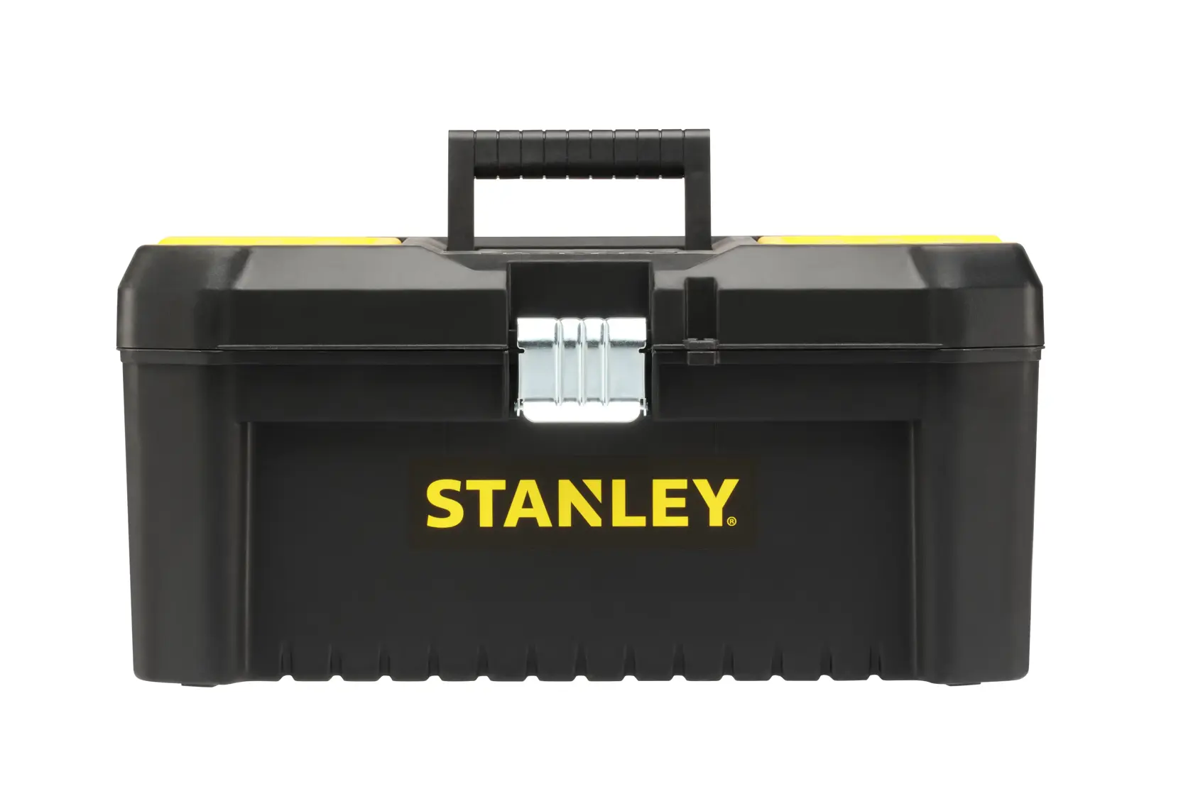 STANLEY Werkzeugkasten schwarz, gelbes Logo, Metallschließe, STST1-75518-KR STST1-75518, Vorderansicht.
