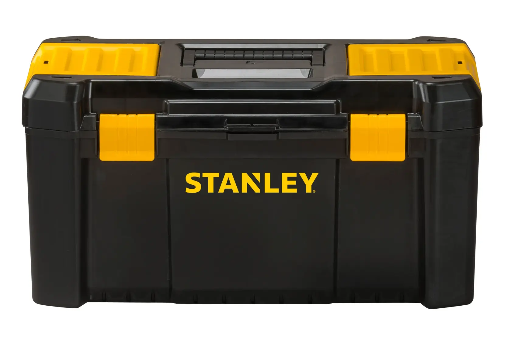 STANLEY STST1-75520 schwarzer Werkzeugkasten mit gelben Akzenten, Fotografie, Vorderansicht auf weißem Hintergrund.