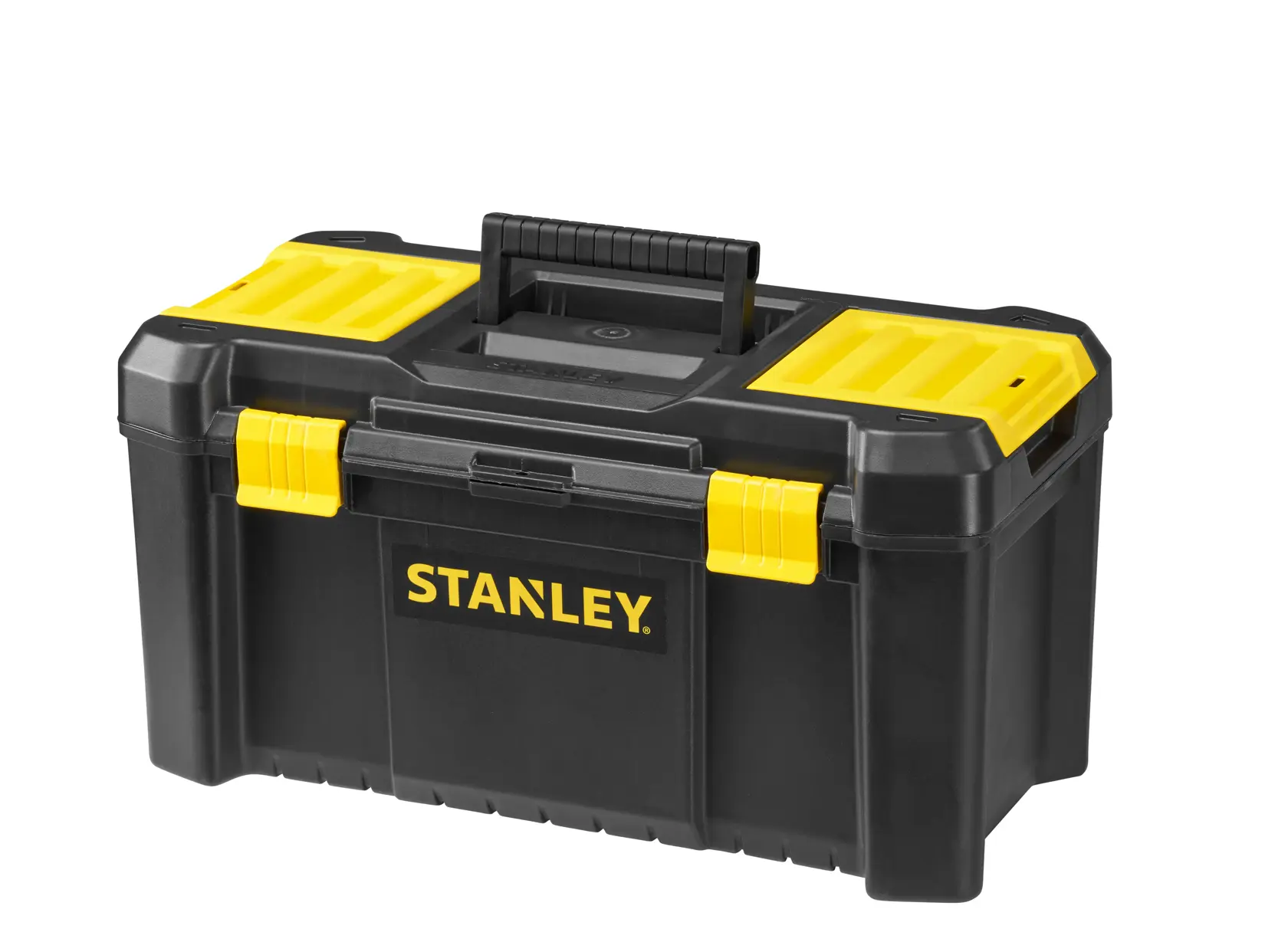 Stanley STST1-75520 schwarzer und gelber Werkzeugkasten Frontansicht, stabiler Kunststoff mit Griff.