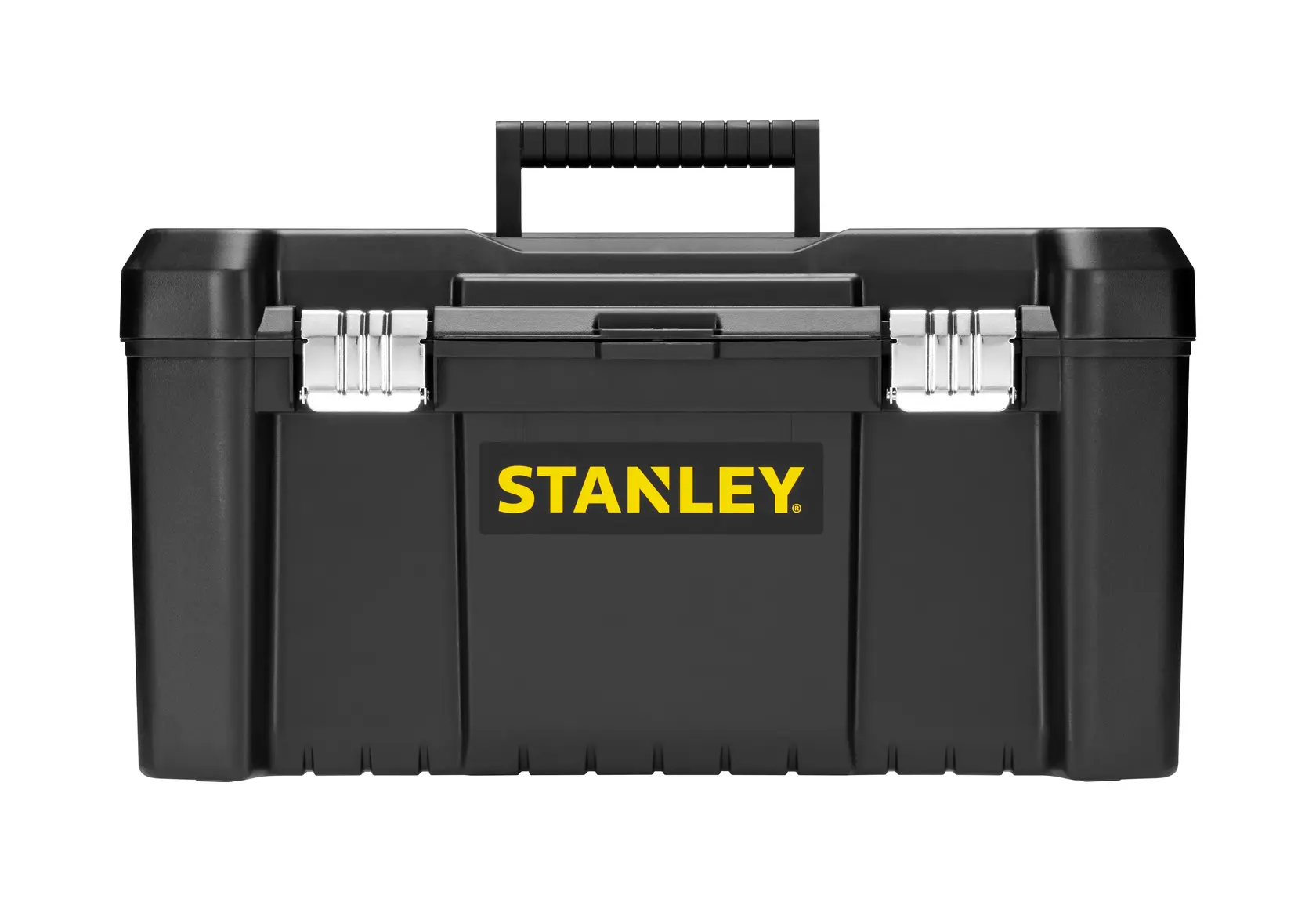 STANLEY STST1-75521, STST1-75521-KR Werkzeugkasten schwarz mit Metallschließen, Vorderansicht, weißer Hintergrund.