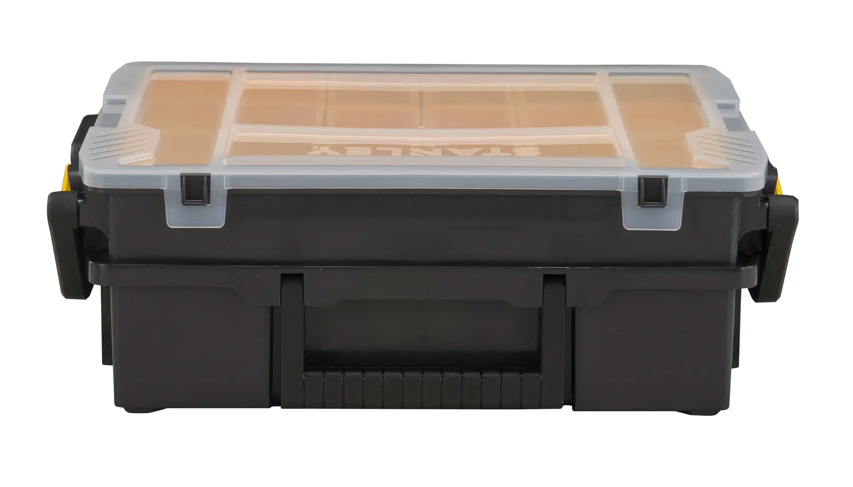 STANLEY STST1-75540 schwarze Organizer-Box mit Klarsichtdeckel, Foto von vorne.