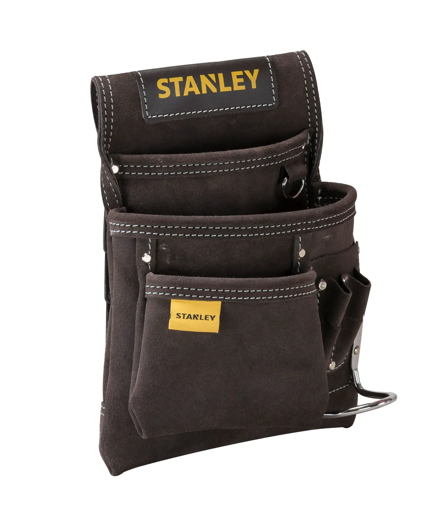 STANLEY STST1-80114 braune Wildleder Werkzeugtasche mit mehreren Fächern, Vorderansicht, weißer Hintergrund.