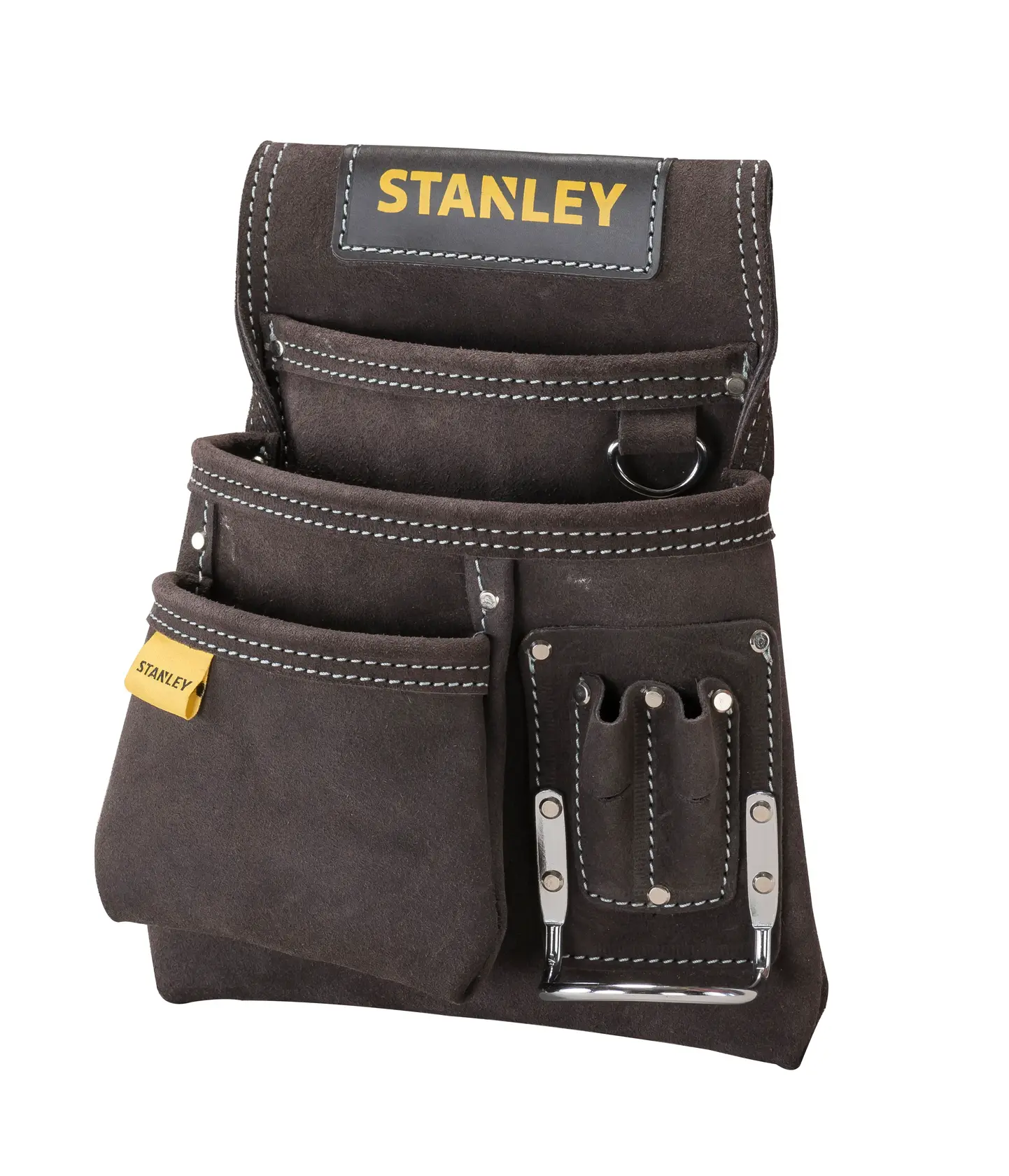 STANLEY STST1-80114 braune Wildleder-Werkzeugtasche mit mehreren Fächern, Vorderansicht auf weißem Hintergrund.