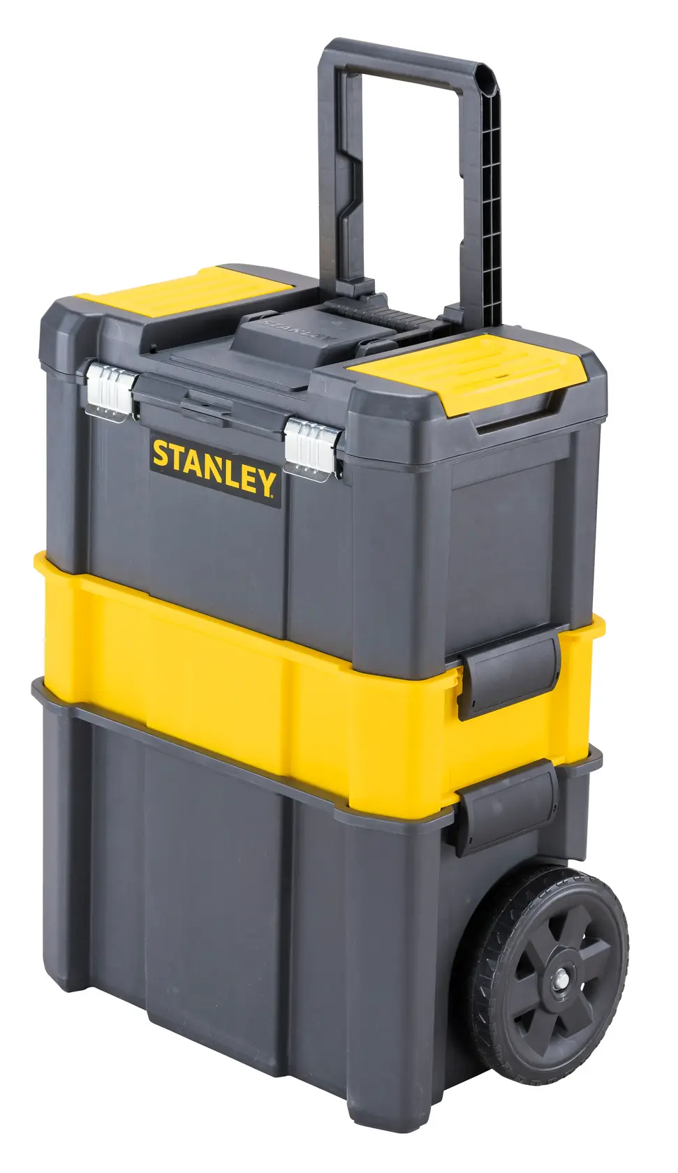 Stanley STST1-80151 Roll-Werkzeugkasten, schwarz-gelb, Vorderansicht auf weißem Hintergrund.