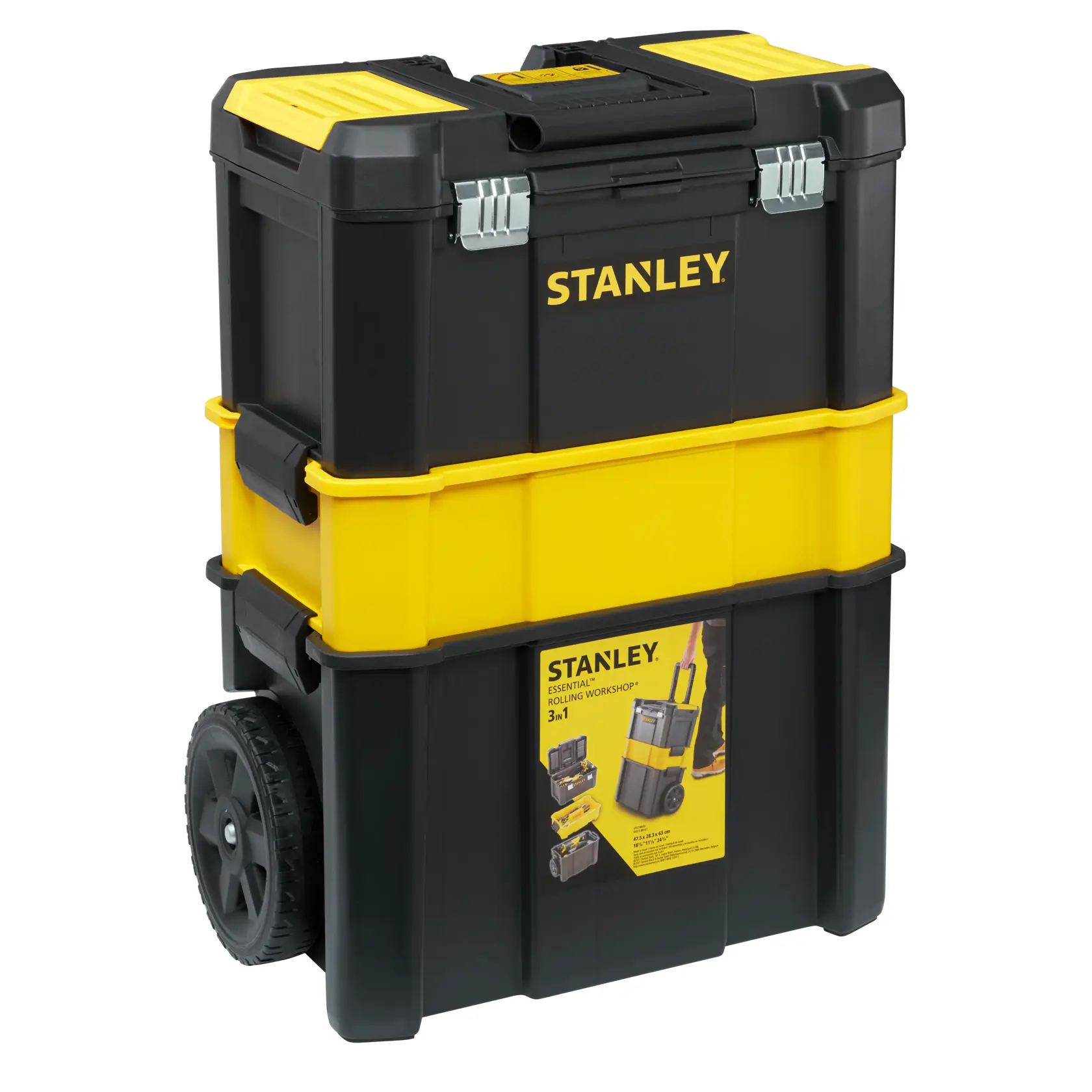 STANLEY STST1-80151 Rollwerkstatt, schwarz-gelb, Vorderansicht, große Räder, Werkzeug-Aufbewahrungskiste.