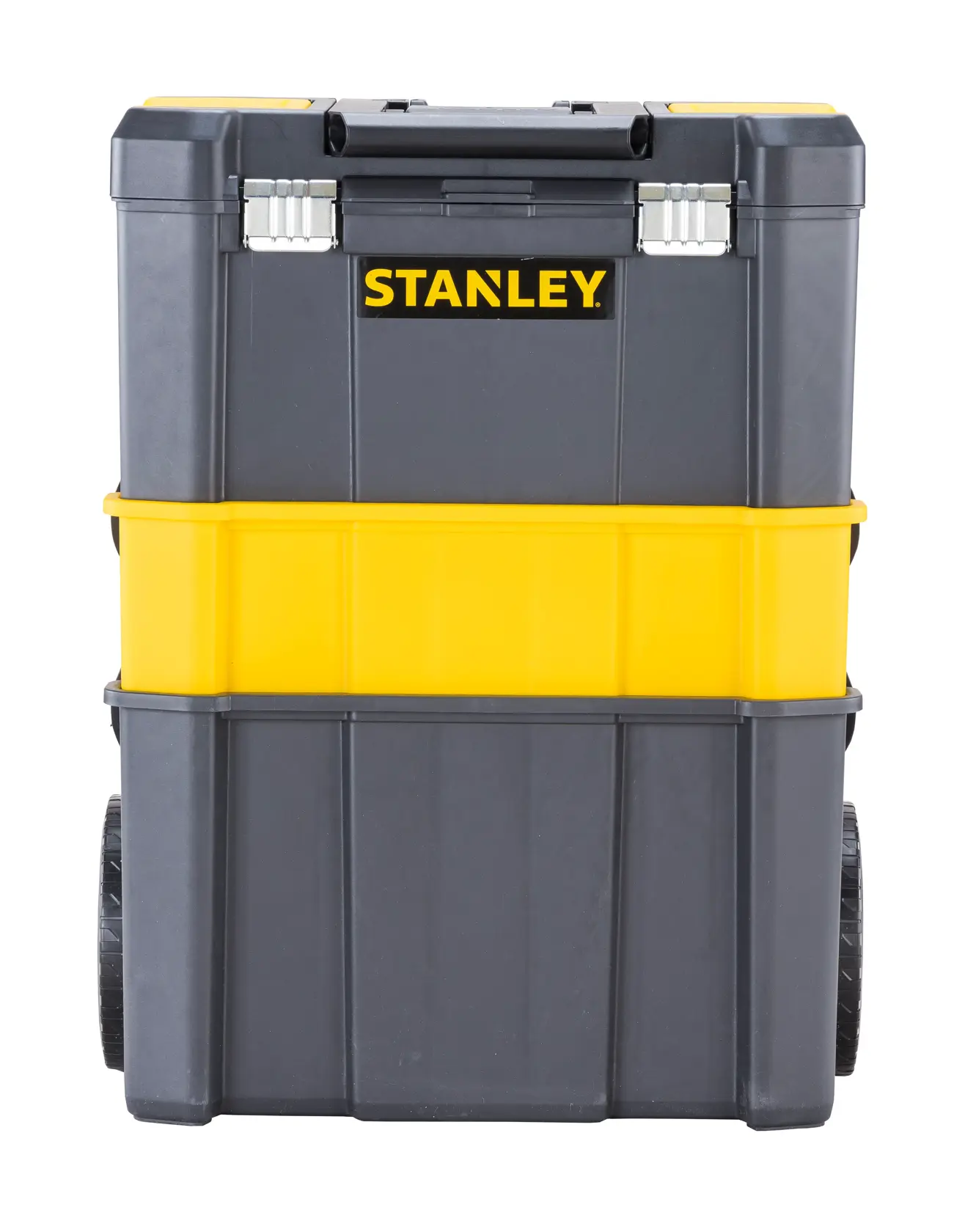 STANLEY STST1-80151 Rollwerkzeugkasten, schwarz-gelb, Vorderansicht, großer Stauraum, mit Rädern.