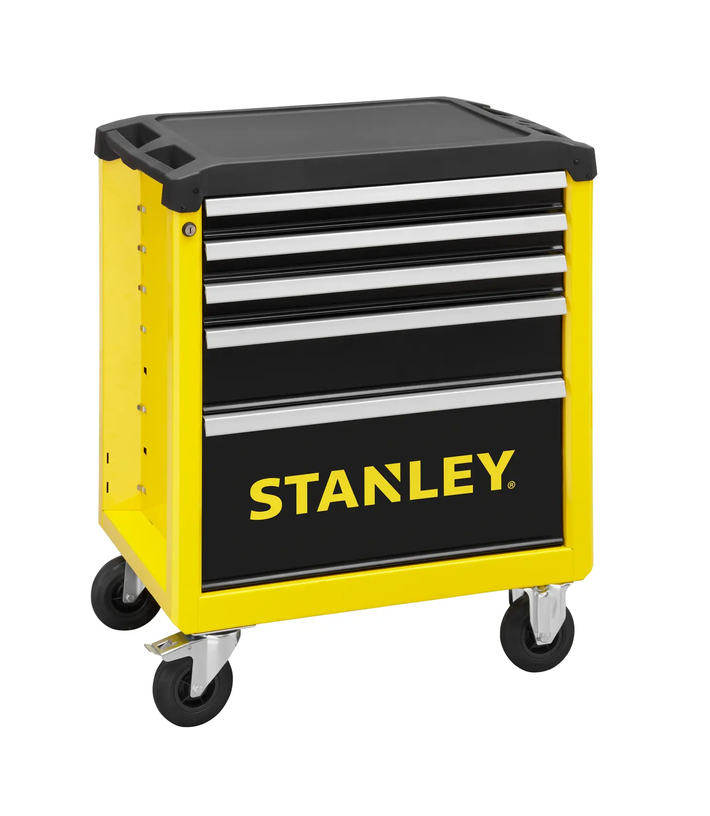 STANLEY STST74305-1 Werkzeugkiste Frontansicht, gelb-schwarz, vier Schubladen und Rollen, Foto auf weißem Hintergrund.