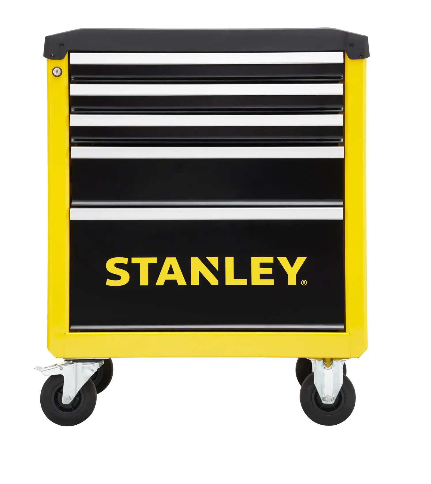 STANLEY STST74305-1 Werkzeugschrank, schwarz-gelb, fünf Schubladen, Frontansicht, auf Rollen.
