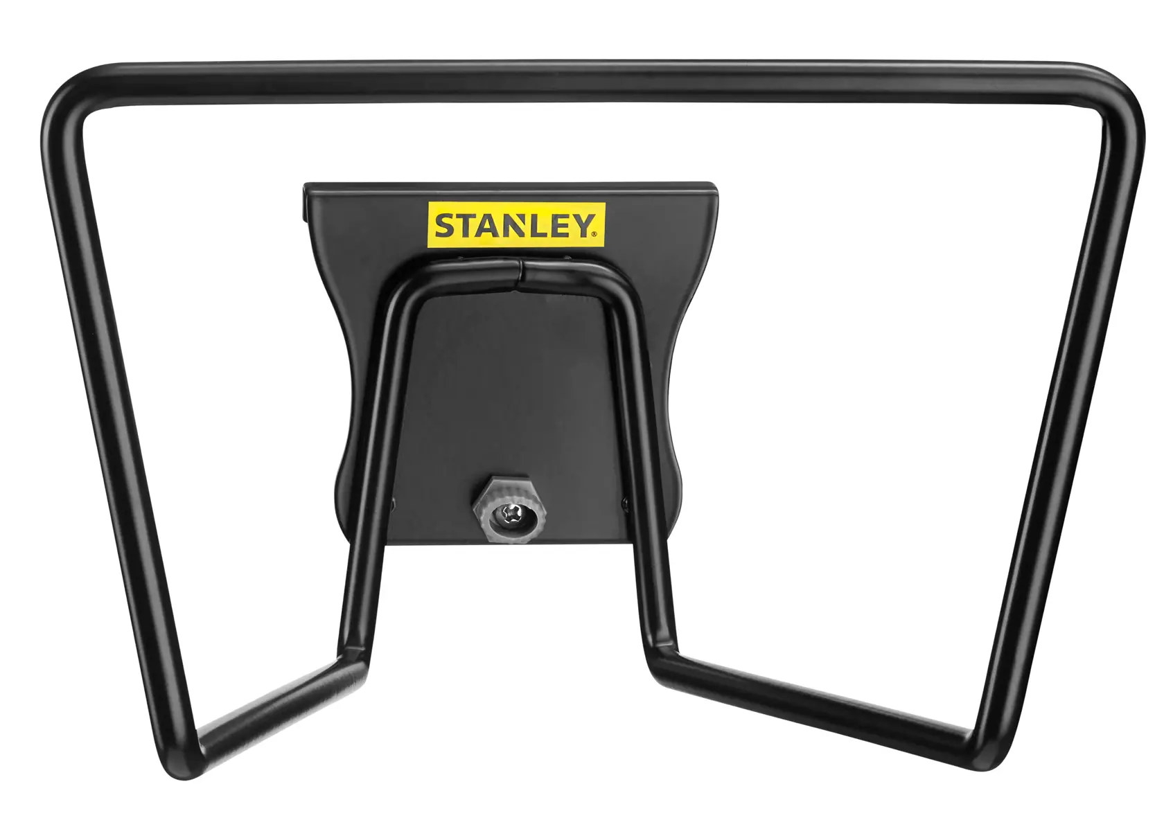 STANLEY STST82604-1 schwarzer Wand-Schlauchhalter aus Metall, Vorderansicht, weißer Hintergrund.