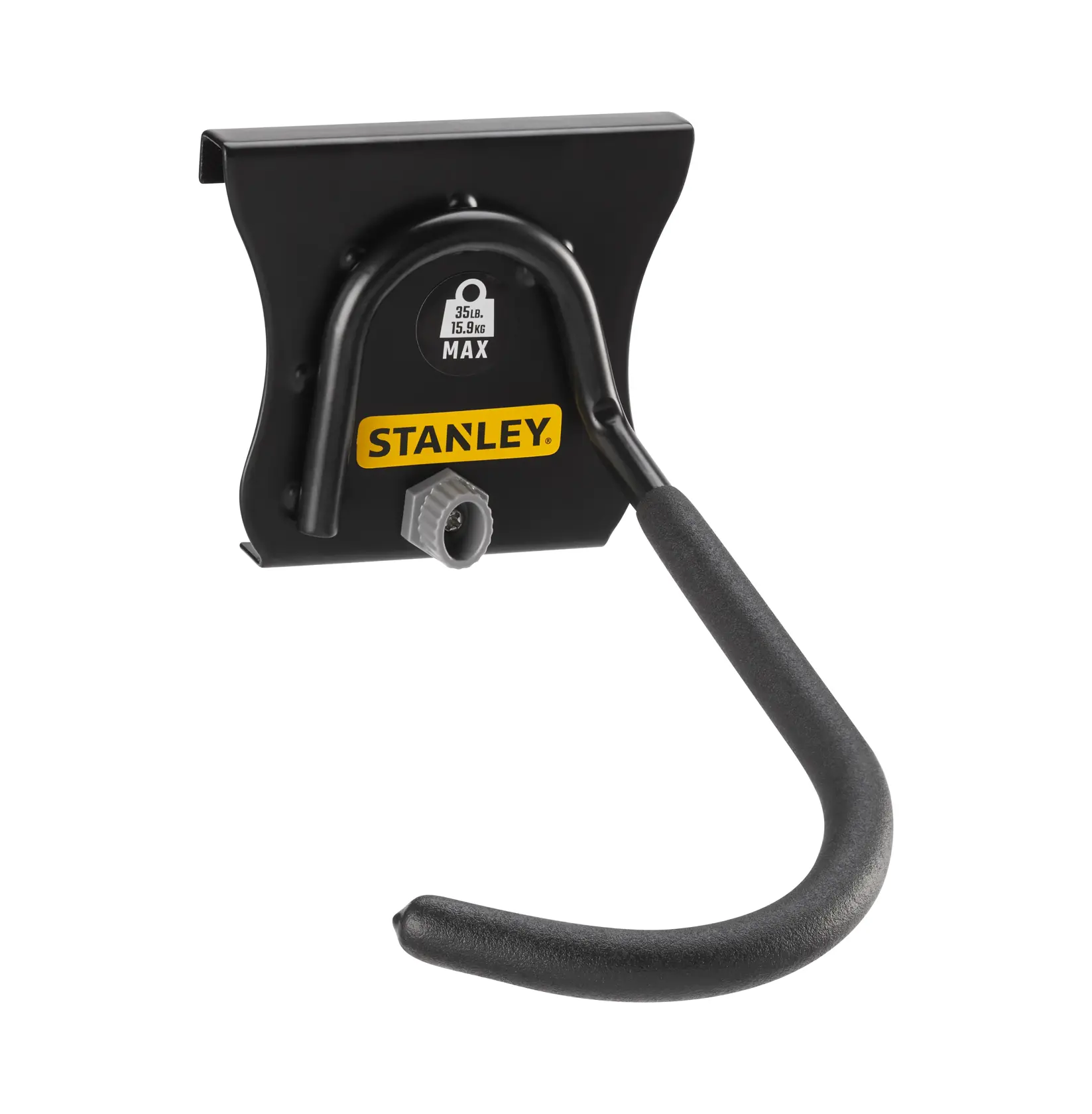 STANLEY STST82616-1 schwarzer Wandhaken, Seitenansicht, gelbes Logo und strukturierter Griff.