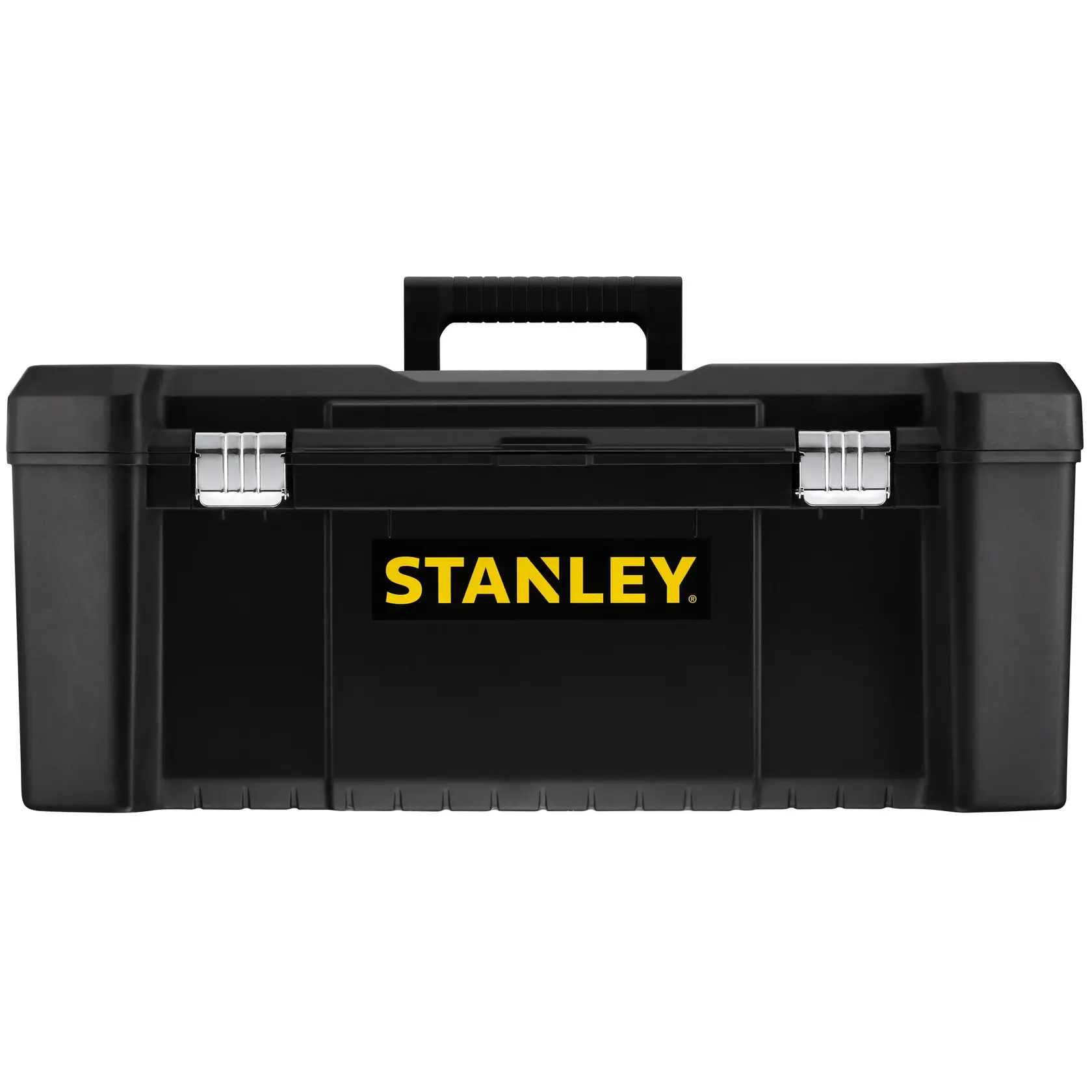 STANLEY STST82976-1 schwarzer Werkzeugkasten aus Kunststoff mit Metallverschlüssen, Frontansicht auf Weiß.