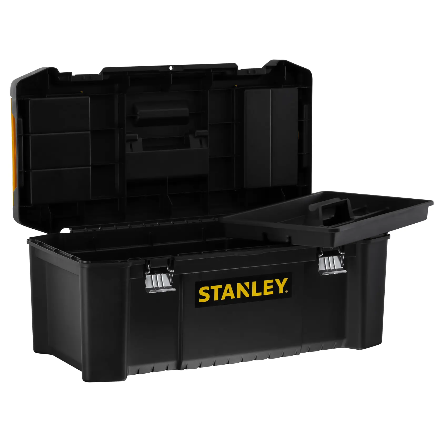 STANLEY STST82976-1 schwarze Werkzeugbox aus Kunststoff mit offenem Deckel, herausnehmbarem Fach und silbernen Verschlüssen, Frontansicht.