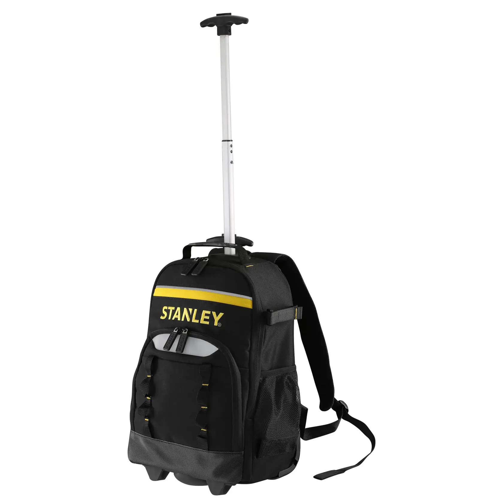 STANLEY STST83307-1 schwarzer Rollrucksack mit Teleskopgriff, Frontansicht auf weißem Hintergrund.