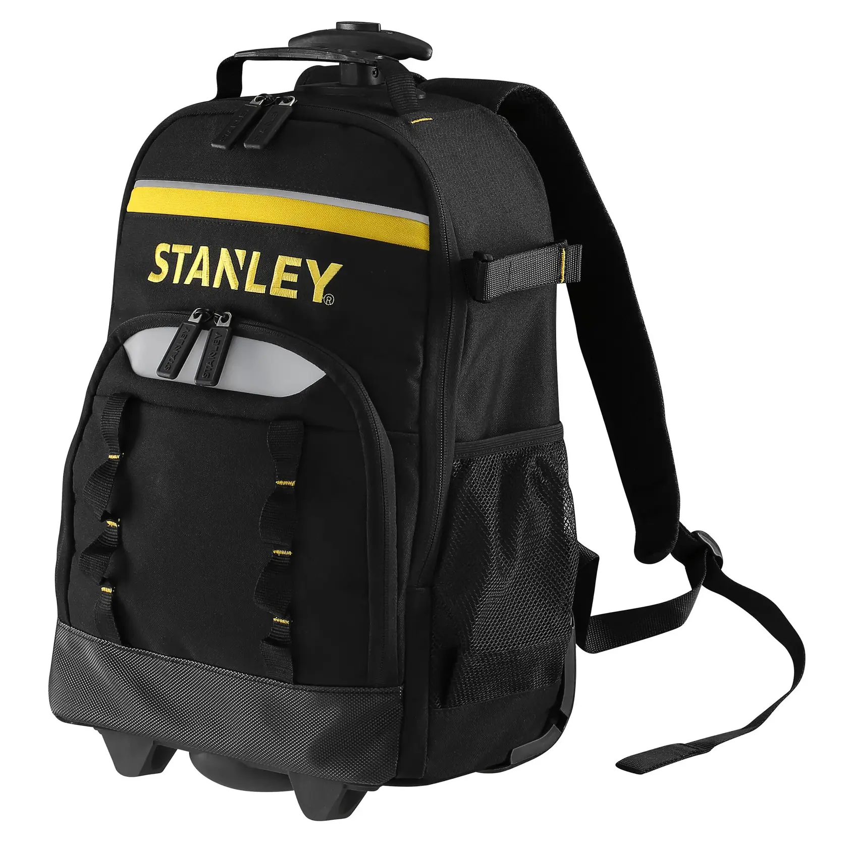 STANLEY STST83307-1 schwarzer Rollwerkzeugrucksack mit gelben Akzenten, Frontansicht auf weißem Hintergrund.