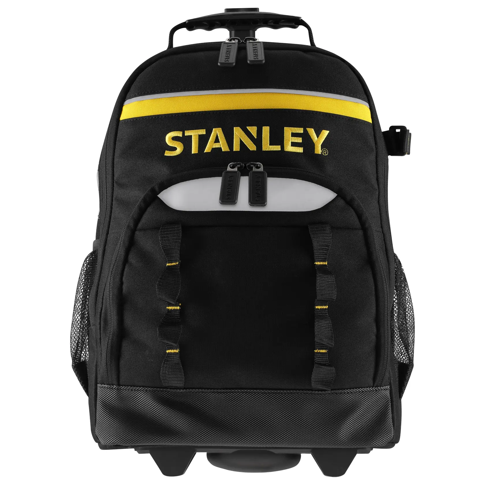 STANLEY STST83307-1 schwarzer Werkzeug-Rucksack mit Rollen, Vorderansicht, gelbe Akzente, Reißverschlusstaschen.