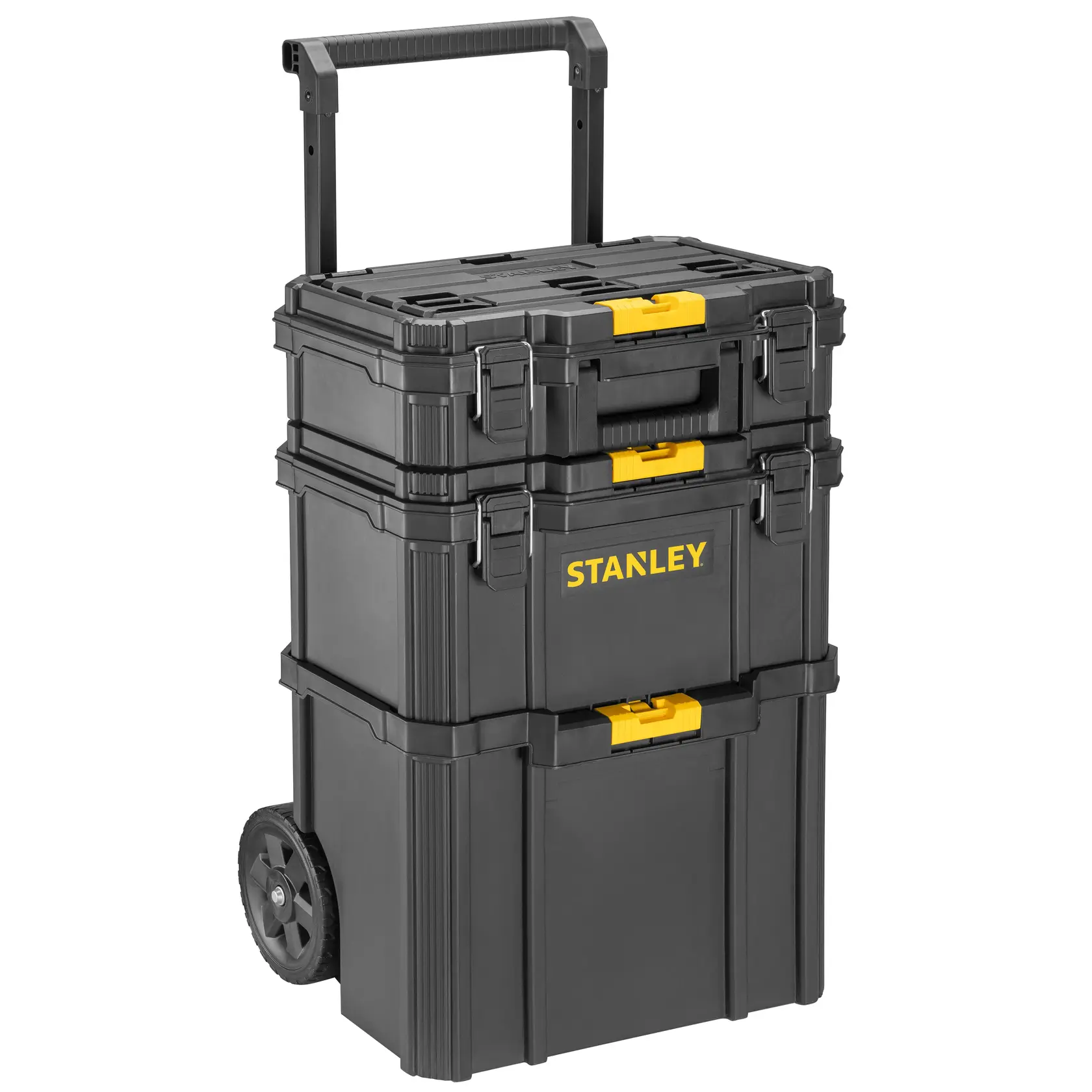 STANLEY STST83319-1 schwarze Rollwerkzeugbox, gelbe Verschlüsse, Fotografie, Vorderansicht.