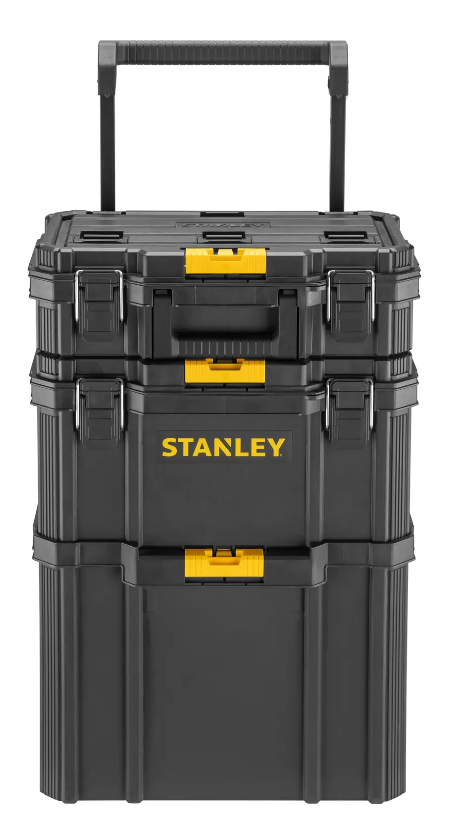 STANLEY STST83319-1 stapelbarer, rollbarer Werkzeugkasten schwarz mit gelben Verschlüssen, Frontansicht, Fotografie.