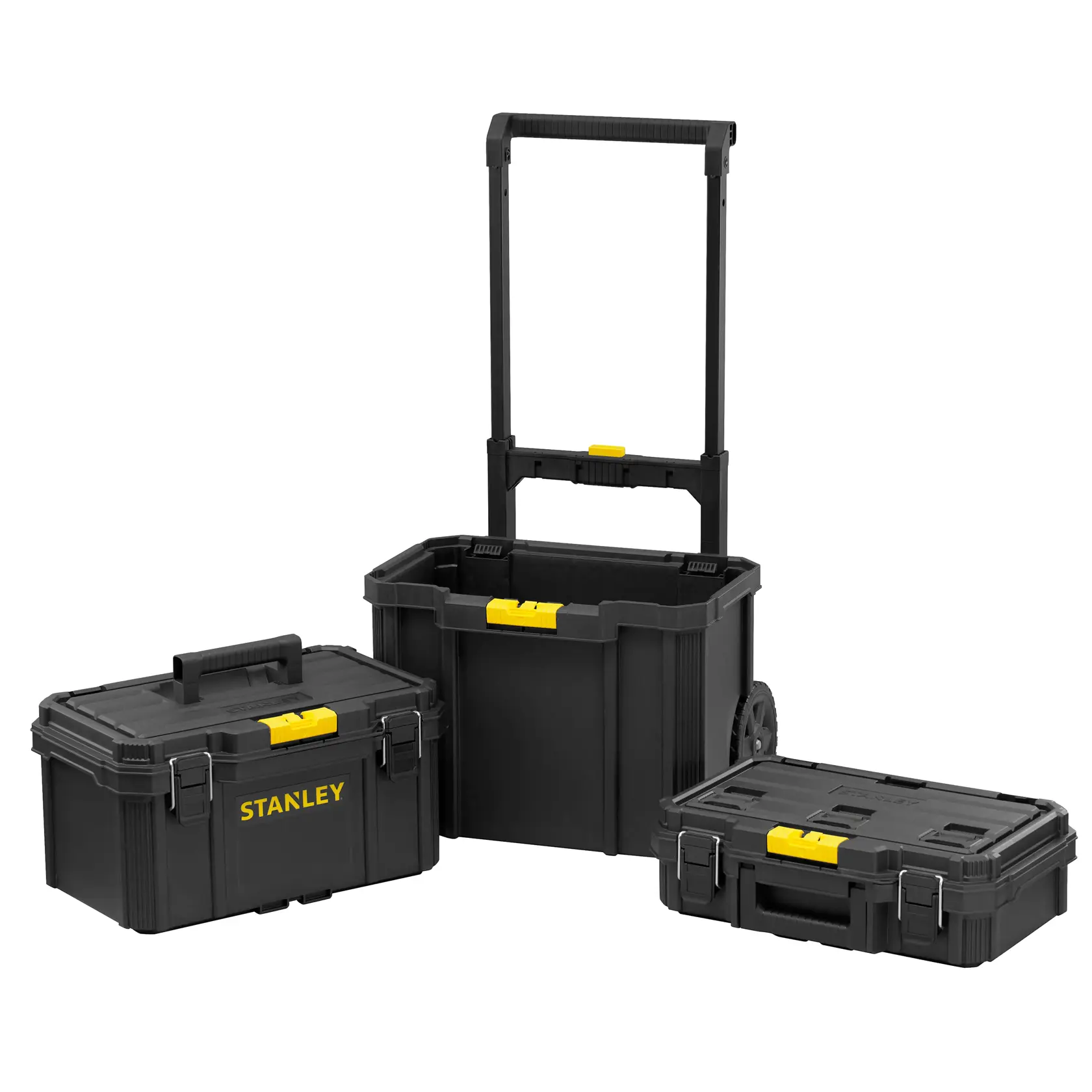 STANLEY STST83319-1 dreiteiliges schwarzes und gelbes Rollwerkzeugkasten-Set, Vorderansicht auf weißem Hintergrund.