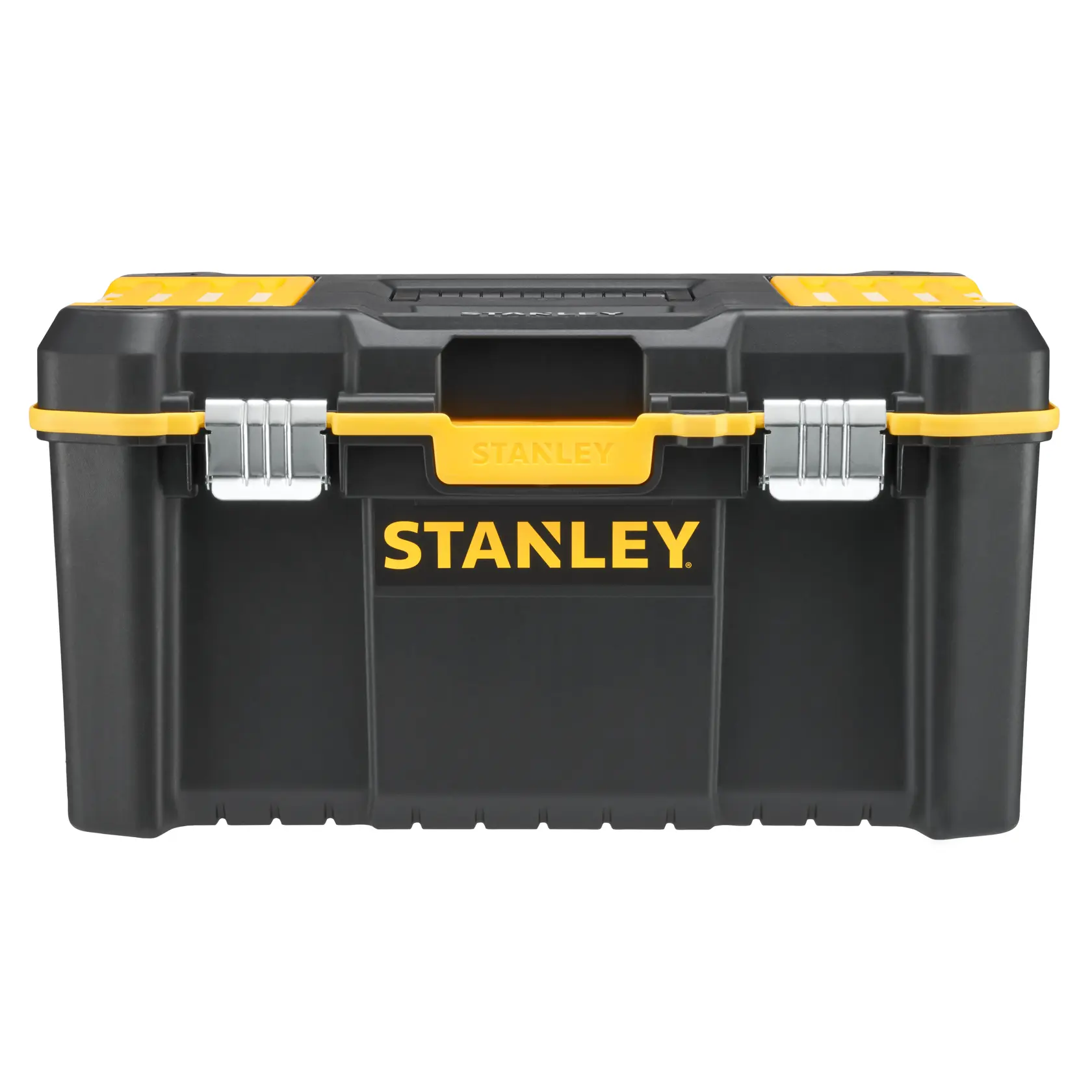 Foto des STANLEY STST83397-1 schwarzen und gelben Werkzeugkastens mit Metallverschlüssen, Frontansicht.