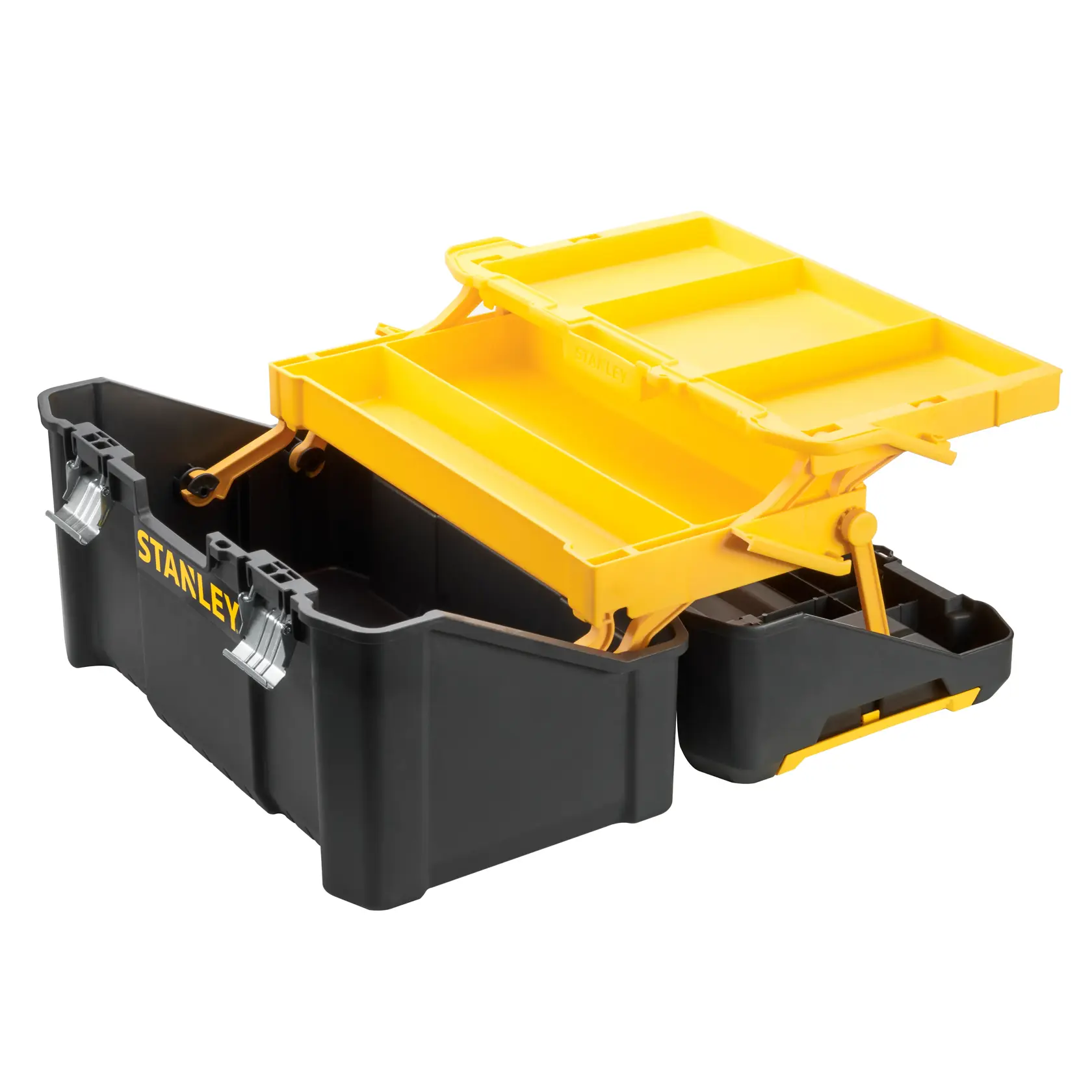 STANLEY STST83397-1 schwarze und gelbe Werkzeugbox mit offenen Schubladen, Foto von vorne.