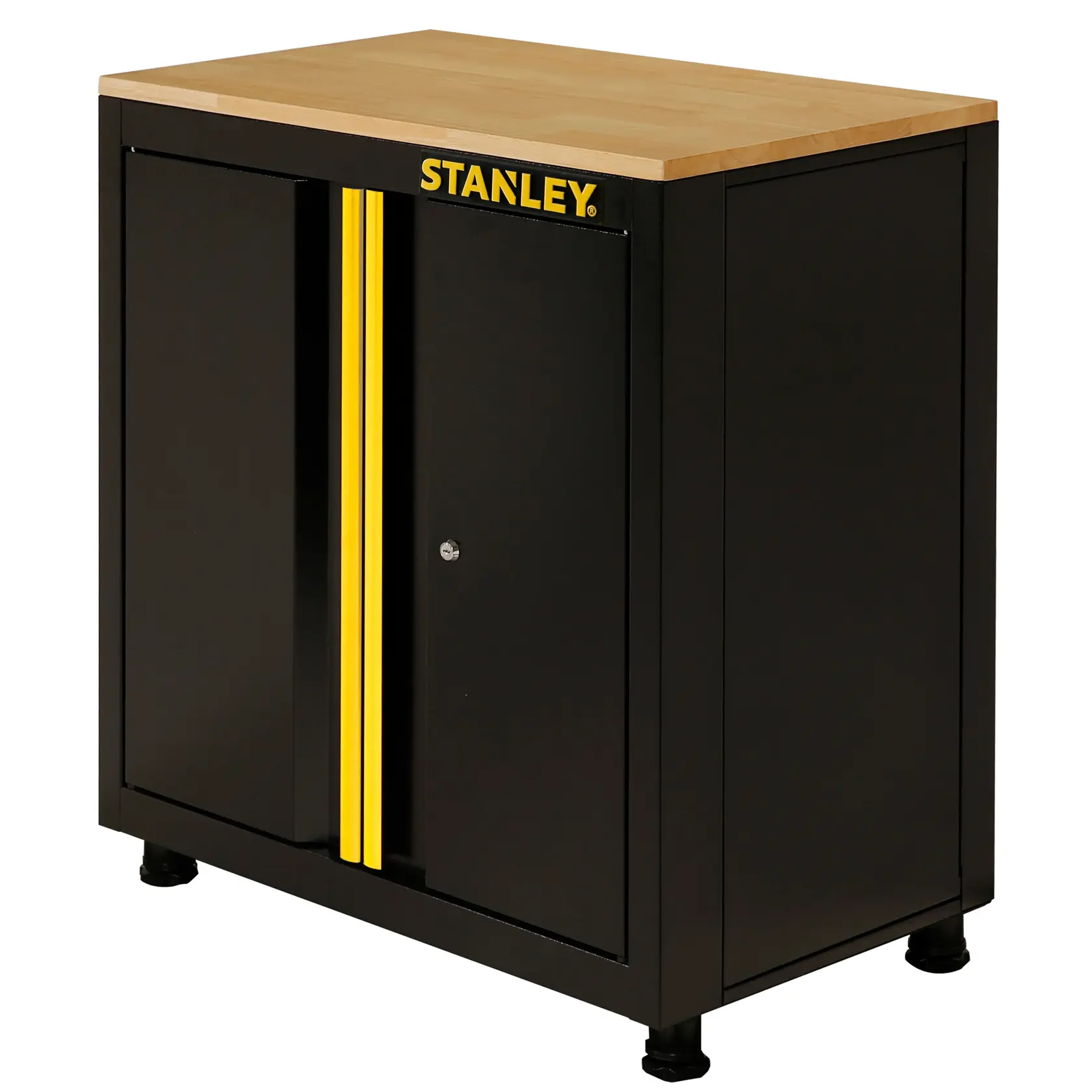 STANLEY STST97595-1 Metallschrank in Schwarz mit gelben Akzenten und Holzoberseite, Vorderansicht.