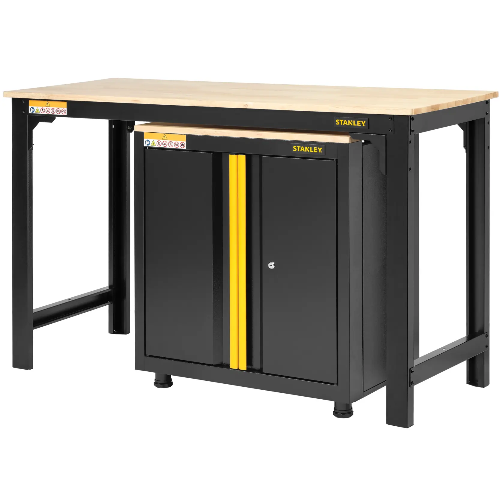 STANLEY STST97998-1 Werkbank mit Holzplatte und schwarzem Metallschrank, Frontansicht vor weißem Hintergrund.