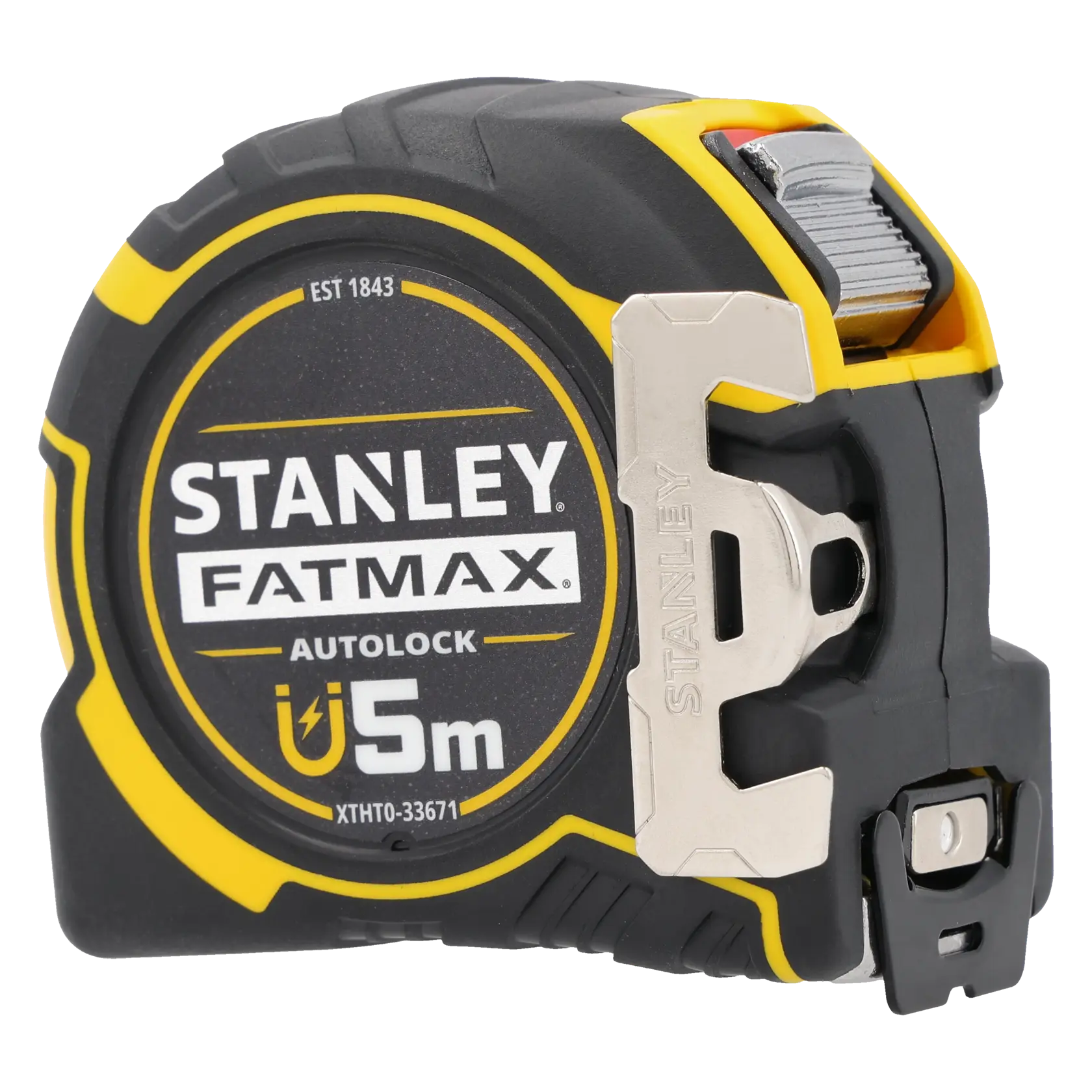 Foto des STANLEY FATMAX XTHT0-33671 Autolock 5 m Maßbands, schwarz-gelb, Vorderansicht auf weißem Hintergrund.